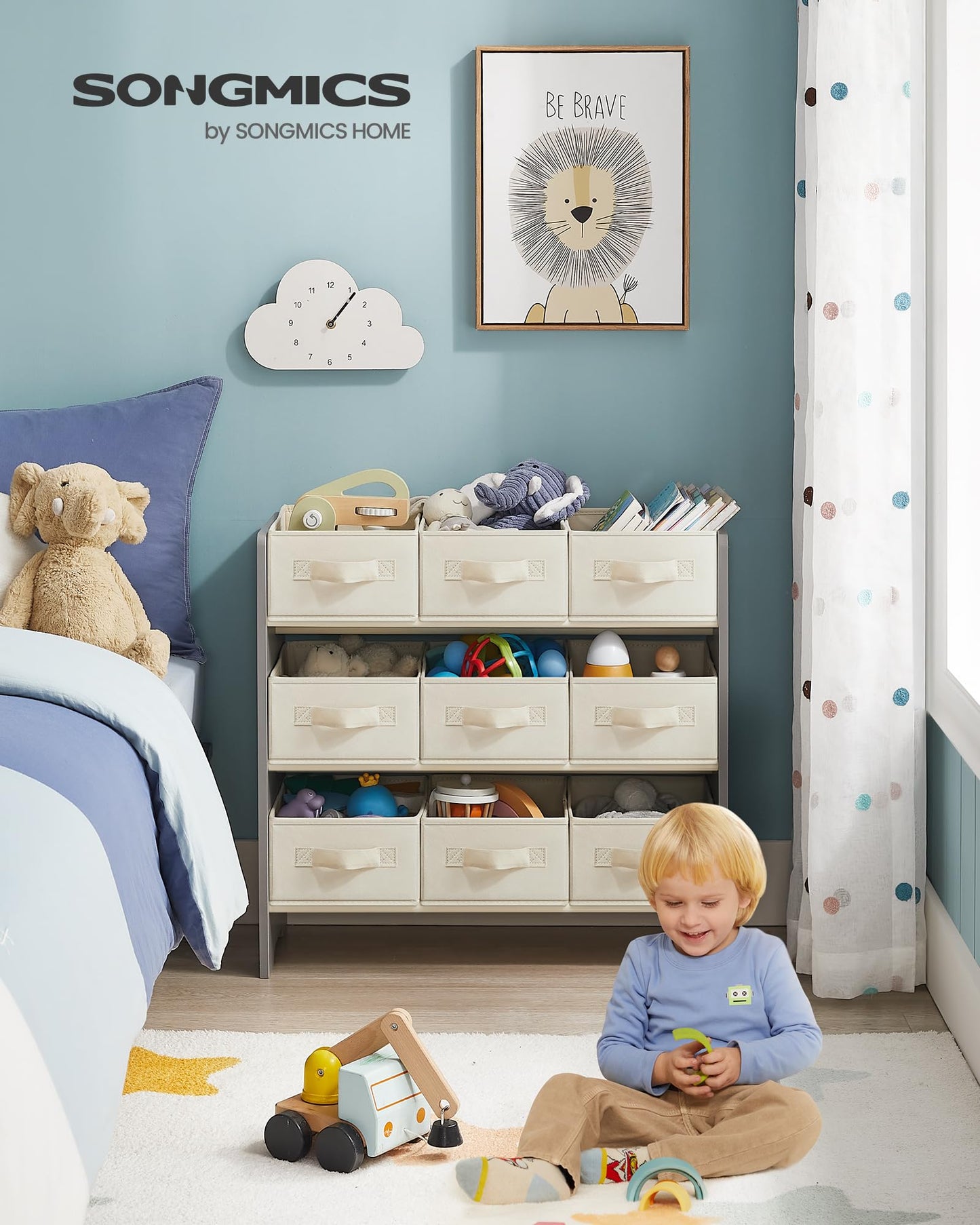 SONGMICS Kinderregal, Spielzeugregal, Bücherregal Kinder, mit 9 Aufbewahrungsboxen aus Vliesstoff, Kinderzimmer Regal, geräumig, 29,5 x 62,5 x 60 cm, wolkenweiß GKR033W10