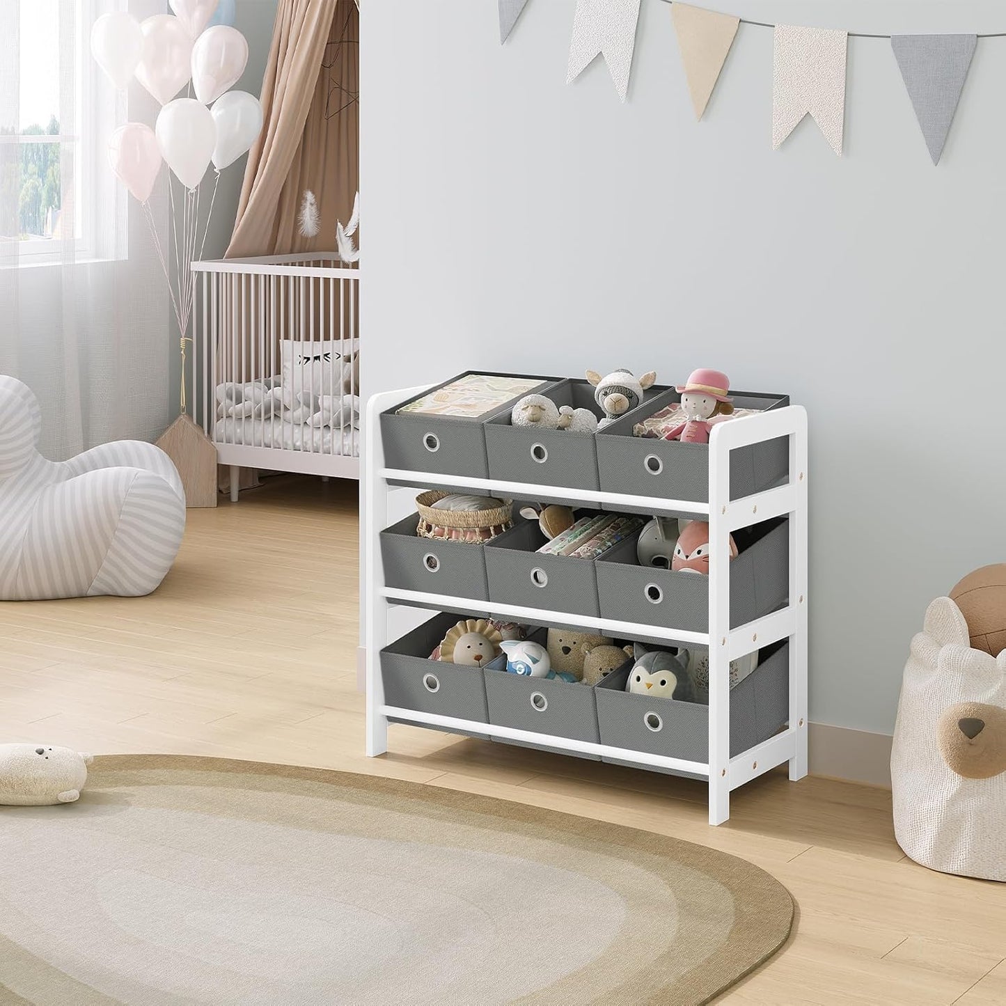 Lestarain Children's Shelf with 9 Boxes, Children's Bookcase, Toy Storage, Montessori Toy Shelf, Children's Room, Playroom, Nursery, 63.5 x 58 x 29.5 cm, Wood, White Grey