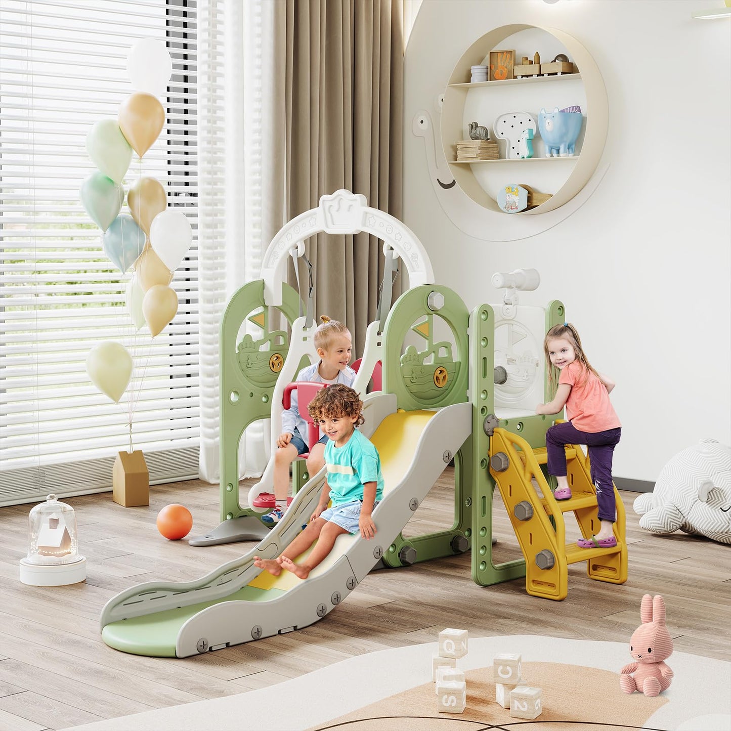 Kinderrutsche, Babyschaukel, 4 in 1, mit Schaukeln, Treppen, Gleiten, Basketballgestellen, Spielplatz für drinnen und draußen, multifunktionale Rutsche (Rosa, Kaninchen)