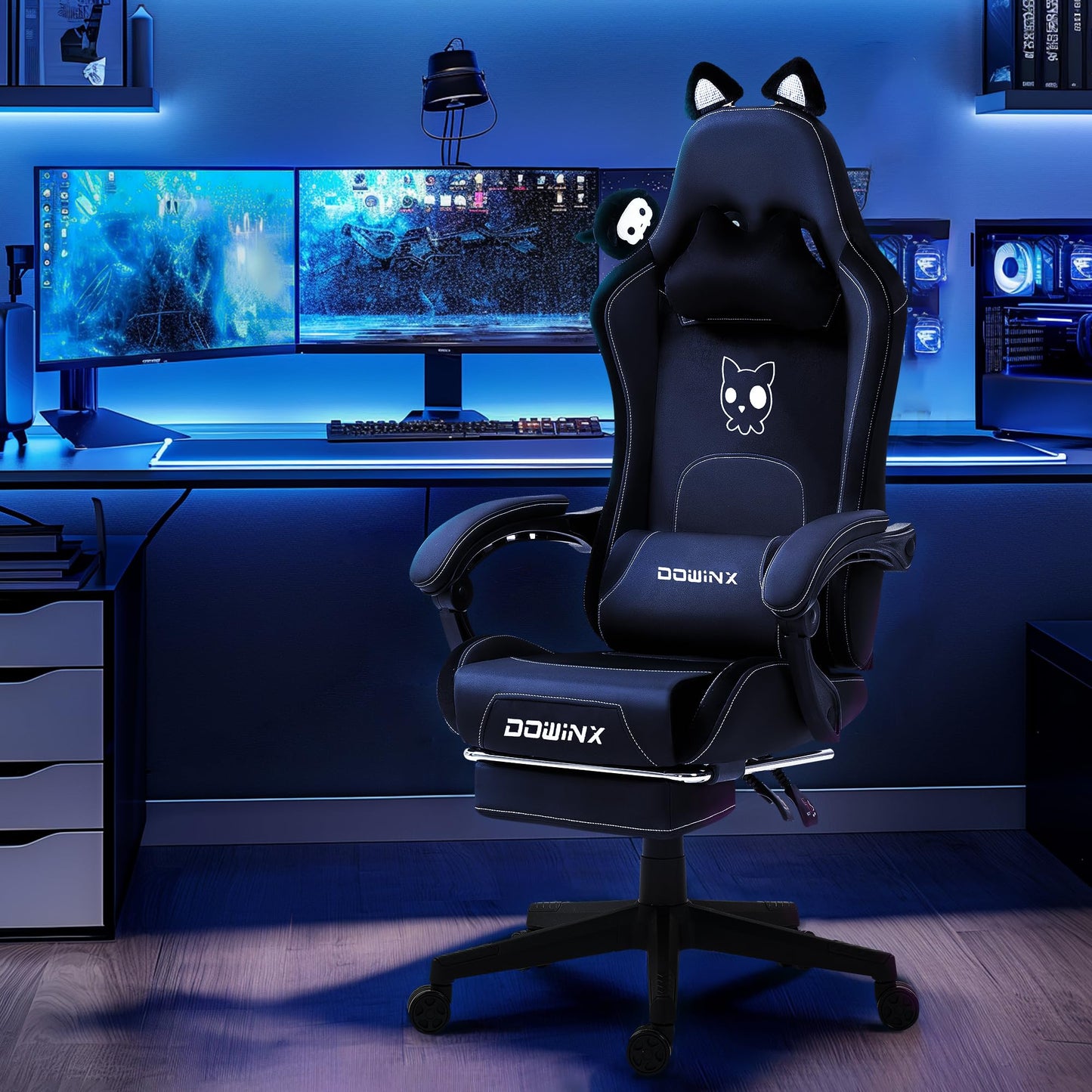 Dowinx Gaming Chair - Cute Cat Edition - Ergonomic Computer Chair with High Back and Lumbar Support, PU Leather, Footrest, Black