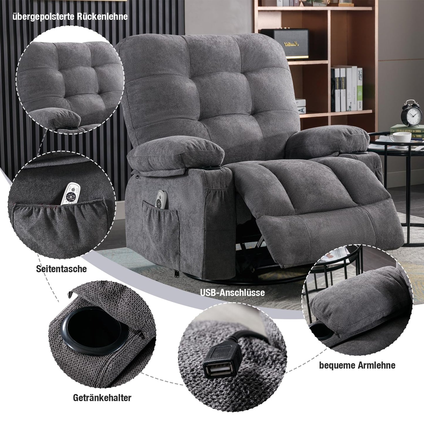 Bosmiller Relaxsessel mit Liegefunktion Massagesessel Oversize Fernsehsessel 360°Drehbarer Liegesessel Heizung Verstellbar Sessel Stoff