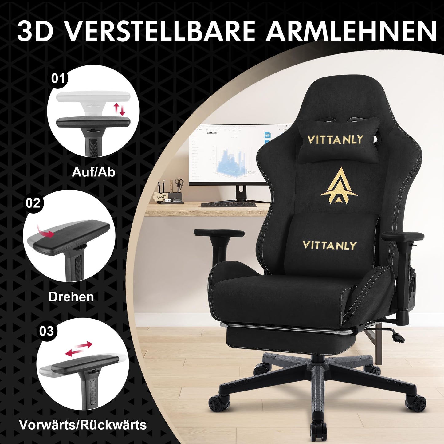 Vittanly Gaming Stuhl, Luxuriöser Wildlederimitat Gaming Chair Bürostuhl, Ergonomischer Schreibtischstuhl mit Fußstütze Kopfstütze und Lendenkissen, 3D Armlehnen, 90-155° Rückenlehne, Weinrot