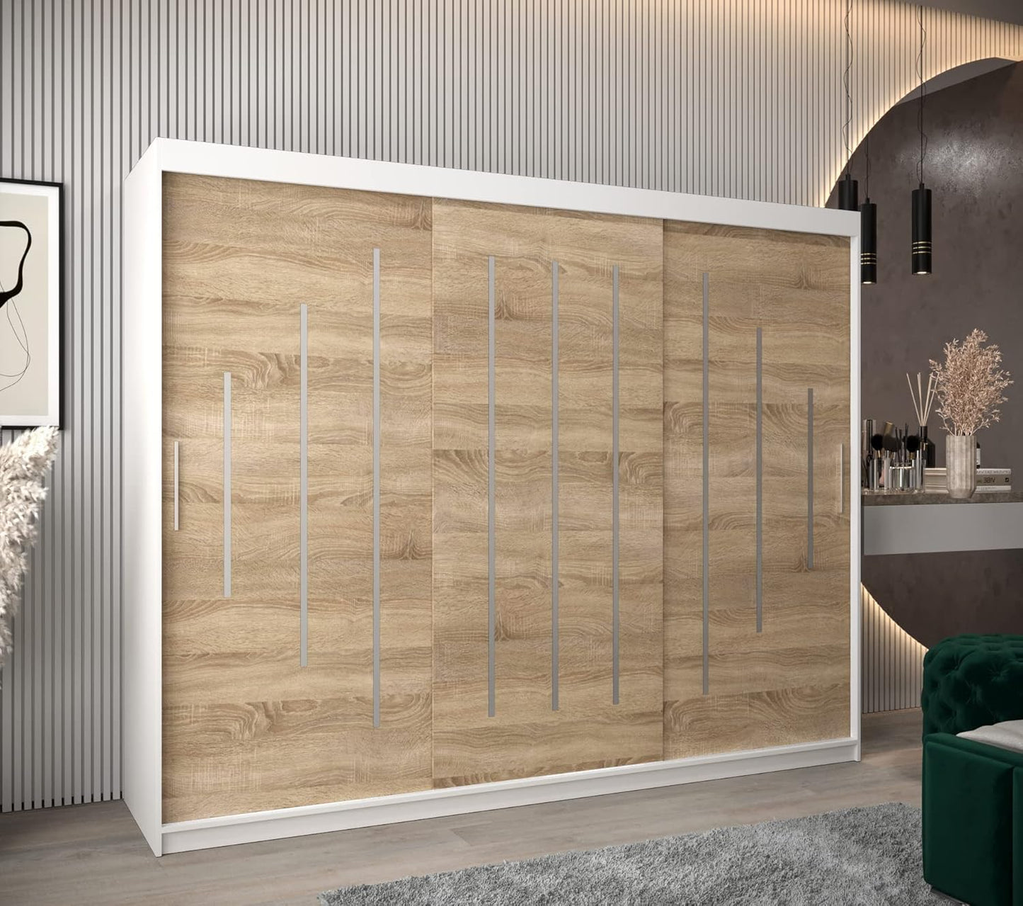 Kryspol Schwebetürenschrank York 250 cm Kleiderschrank mit Kleiderstange und Einlegeboden Schlafzimmer- Wohnzimmerschrank Schiebetüren Modern Design (Weiß)