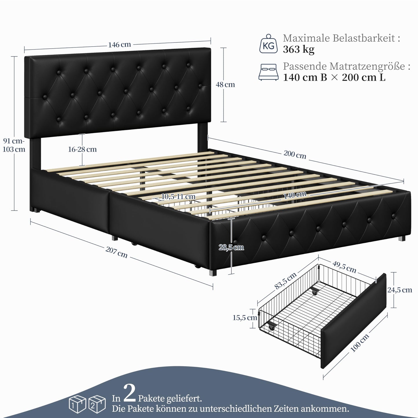 Yaheetech Polsterbett 140 x 200 cm Doppelbett Bettrahmen mit 2 Schubladen höhenverstellbares Kopfteil Gepolstertes Bett mit Lattenrost viel Stauraum, Schwarz
