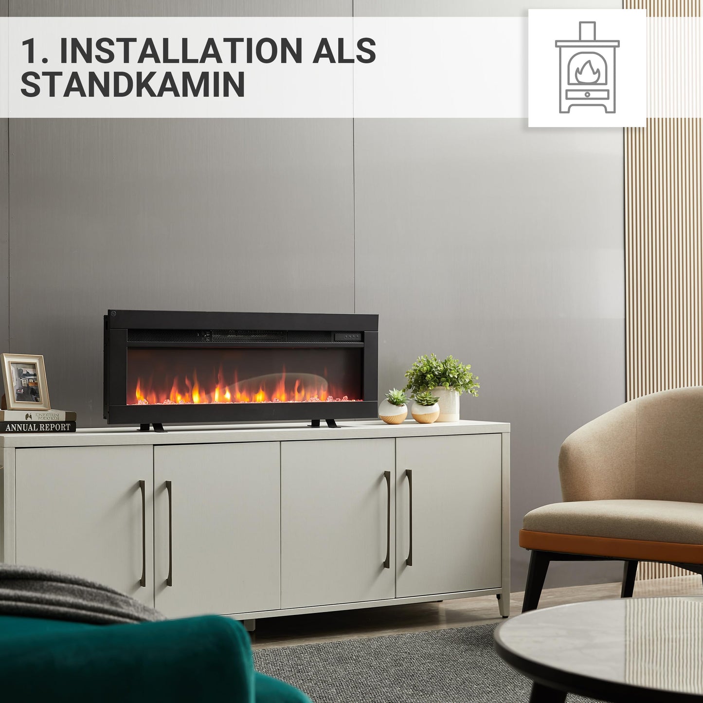 BALDERIA Elektrokamin Agnes 36" | 3in1 Elektrischer Stand-, Wand- oder Einbaukamin mit 3D-Flammeneffekt | Elektro Heizung 1800W | Kamin mit Fernbedienung, Startsteuerung, Timer & Thermostat | Schwarz
