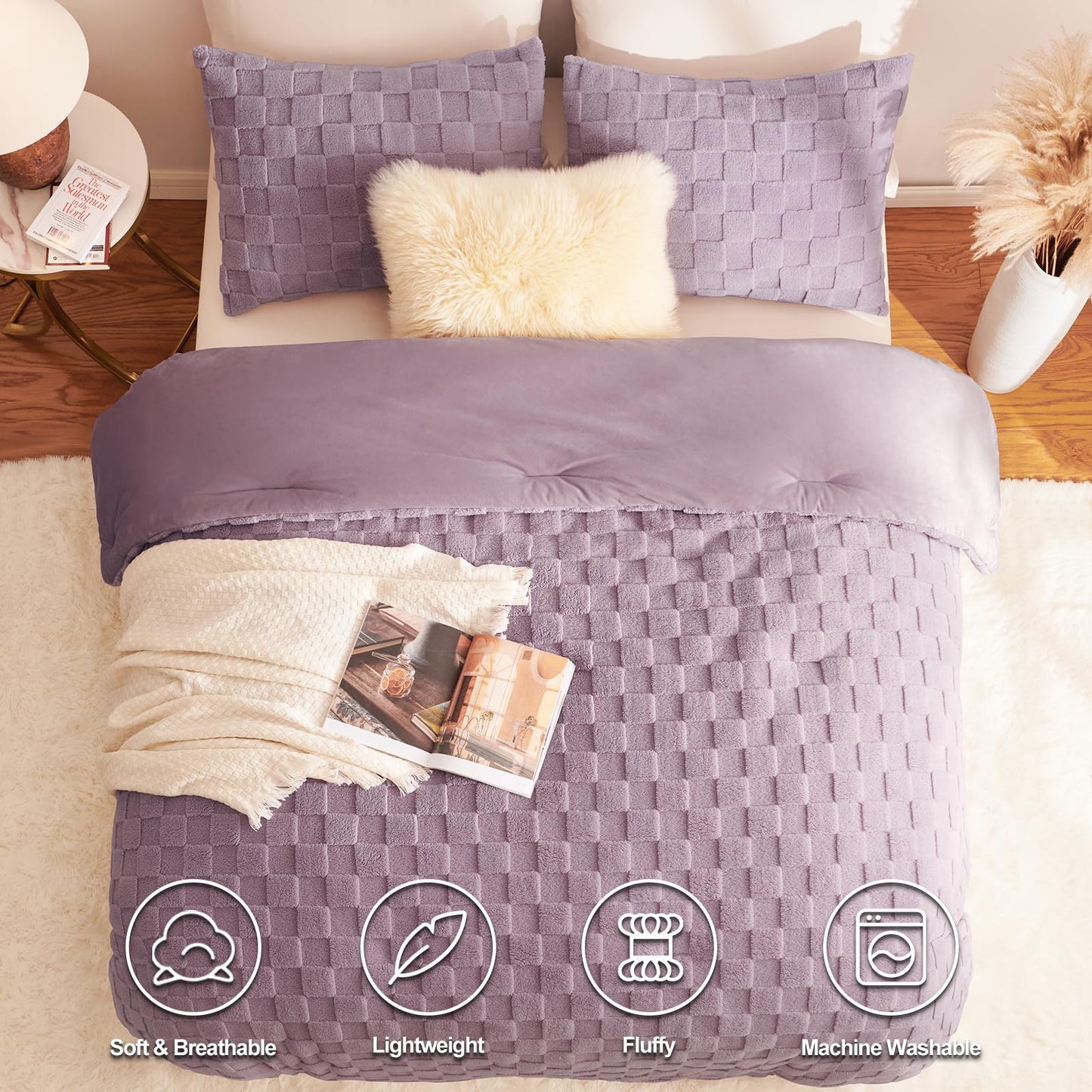CozyLux Queen Size Comforter Set Blush Pink, Fluffy Plush Fleece Comforter with Checkered Pattern, Farmhouse Boho Soft Warm Bed Set, 3 Pieces, 1 Comforter and 2 Pillowcases