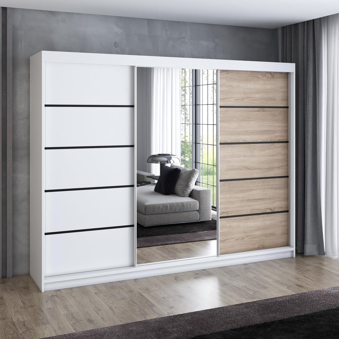 A&J MöbelLand Schwebetürenschrank VILANO 2, 3-türig Schrank 200 cm Kleiderschrank mit 4 Schubladen, und Spiegel (Weiß, Schwarz, Somona) (Schwarz/schwarz/schwarz)