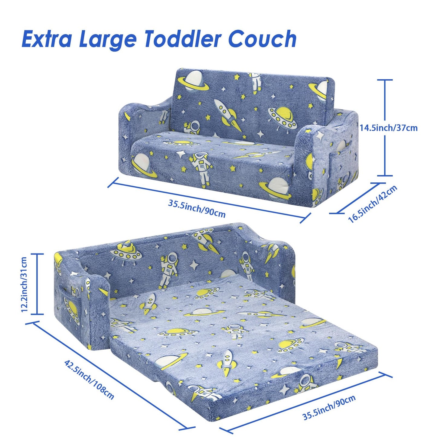 Children's Sofa Fold-Out 2-in-1, Extra Large Children's Sofa Glows in the Dark with Sleep Function, Children's Chair for Children's Room, Playroom, Astronauts