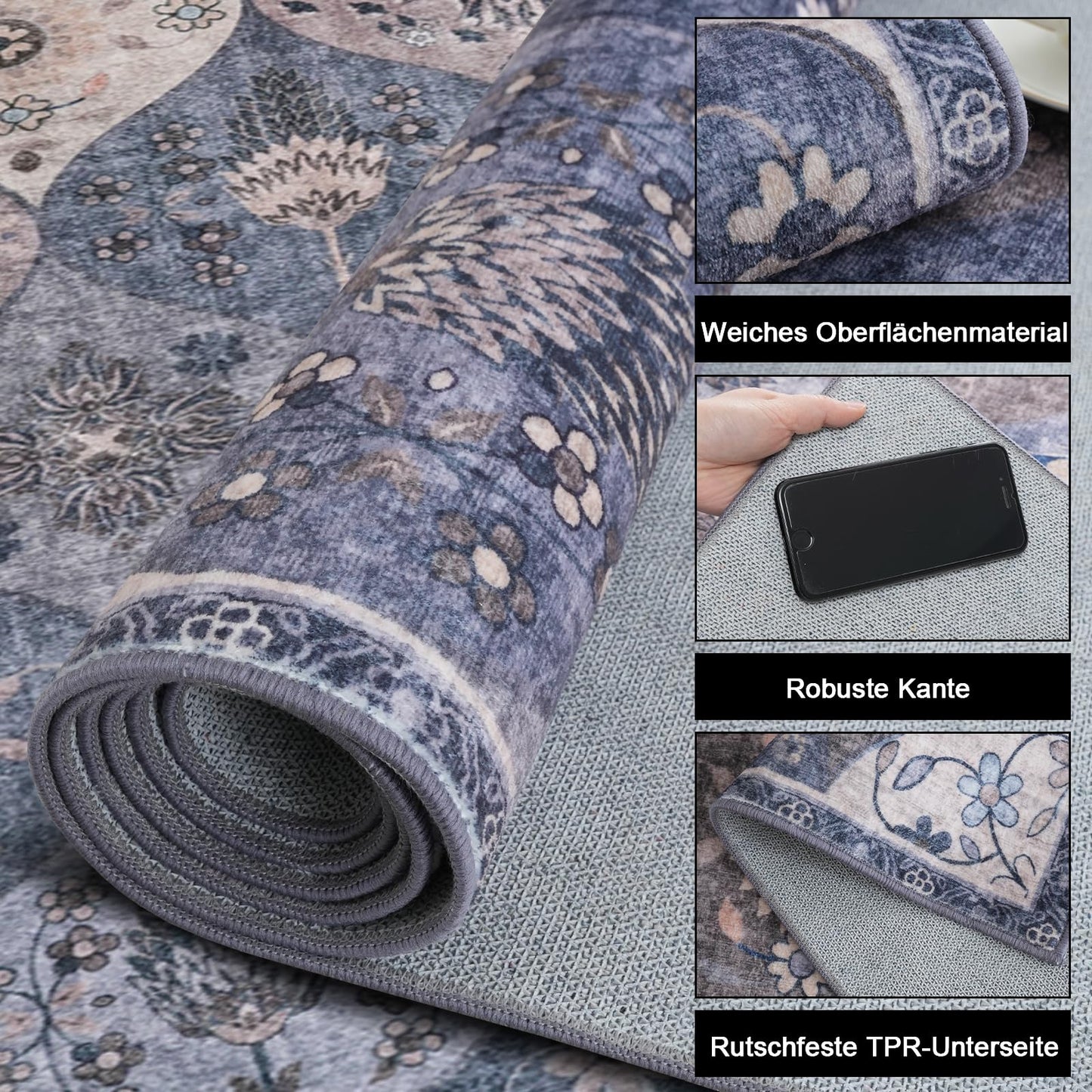 Xfrog Blumen Boho Teppich - Rutschfester Waschbarer Ultraweicher Antiker Niedriger Flor Flächenteppich für Wohnzimmer, Schlafzimmer, Kinderzimmer - 80 x 150 cm