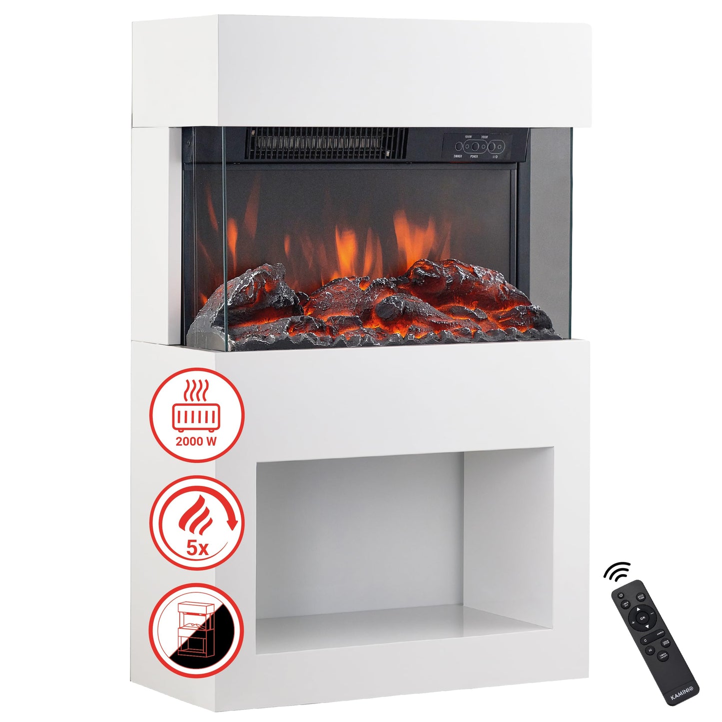 KAMINIO Henri Electric Fireplace with Heater, 3D Flame Effect, Wooden Compartment, Remote Control (White)