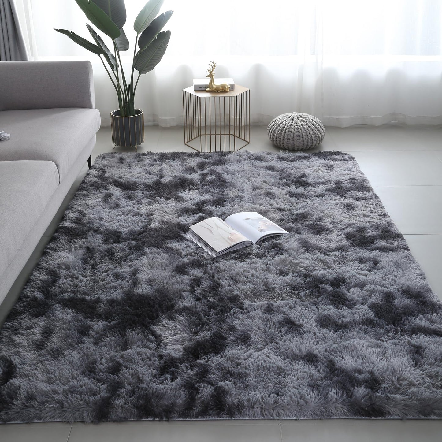 Shag Area Rugs for Bedroom Living Room,4X6 Ultra Soft Fluffy Area Rugs for Dorm, Indoor Carpet Nursery Rugs for Kids Room Home Decor,Tie-Dye Grey