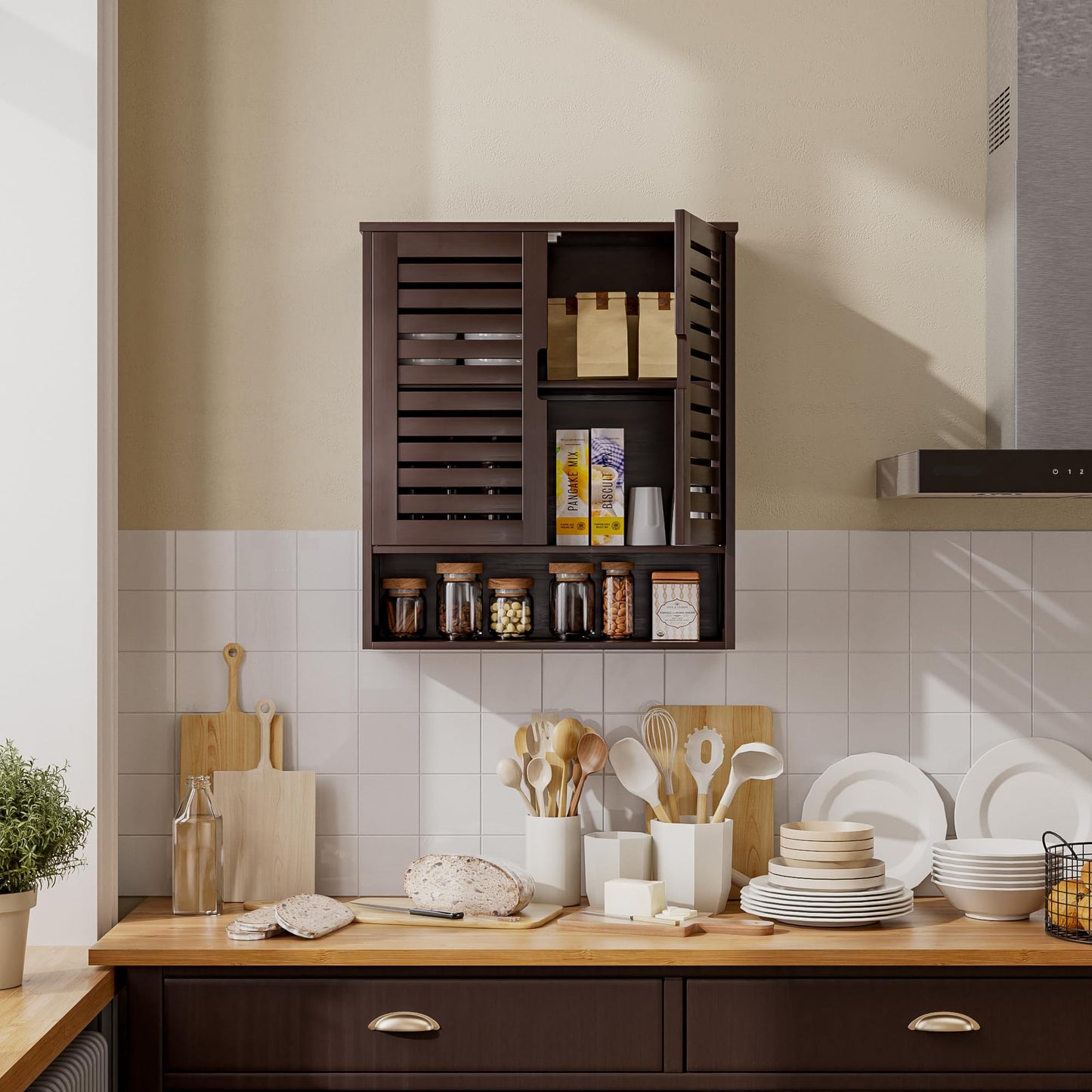 SMIBUY Bathroom Cabinet, Wall Mounted, Bamboo Over the Toilet Storage Organiser, Space Saving Medicine Cabinet with 2 Doors and Adjustable Shelves (Black)