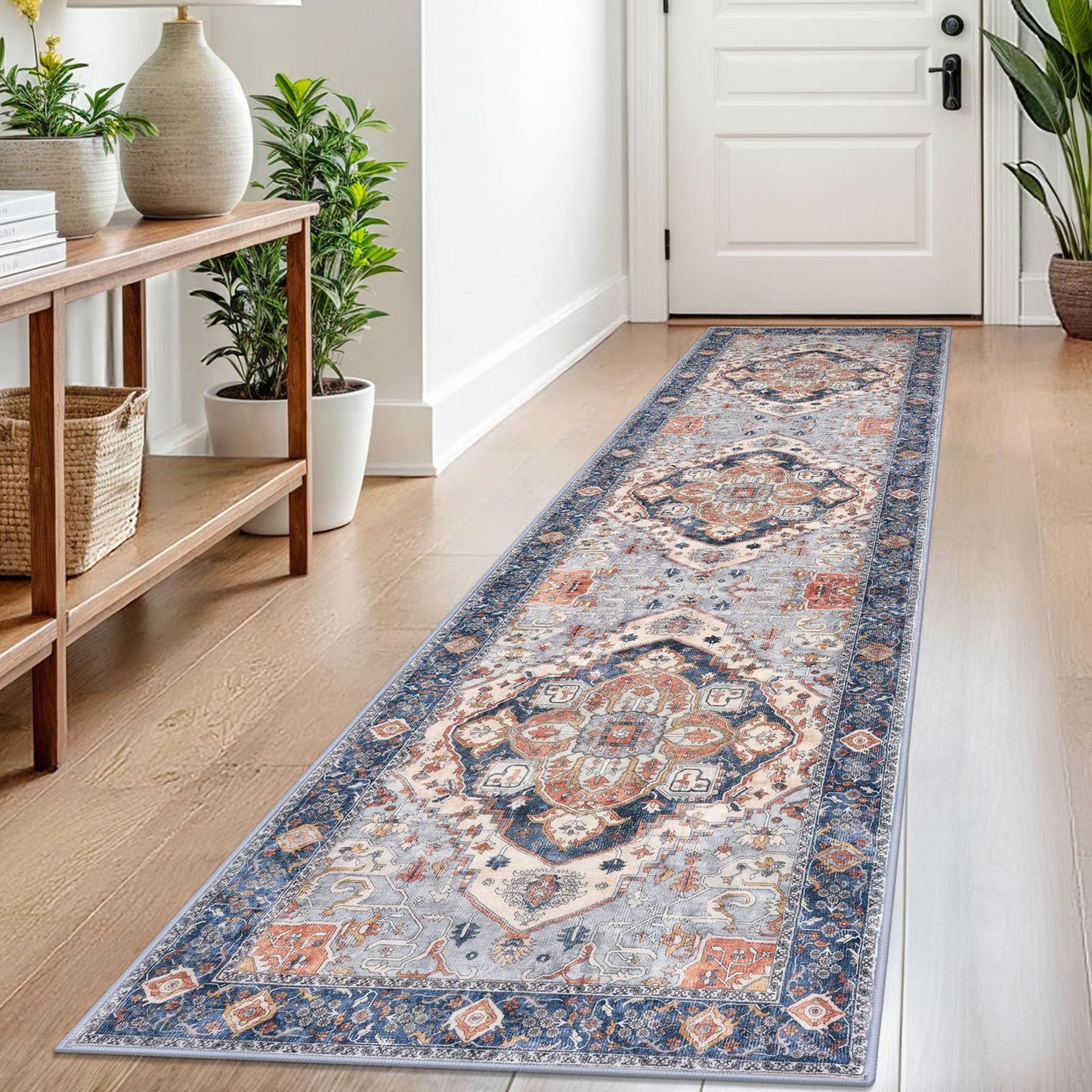 2x3 Blue Washable Rug for Entrance, Soft Traditional Area Rug, Non-Slip Printed Kitchen Rugs, Low-Pile Medallion Indoor Door Mat, Small Farmhouse Carpet for Entryway Kitchen Foyer Bedside