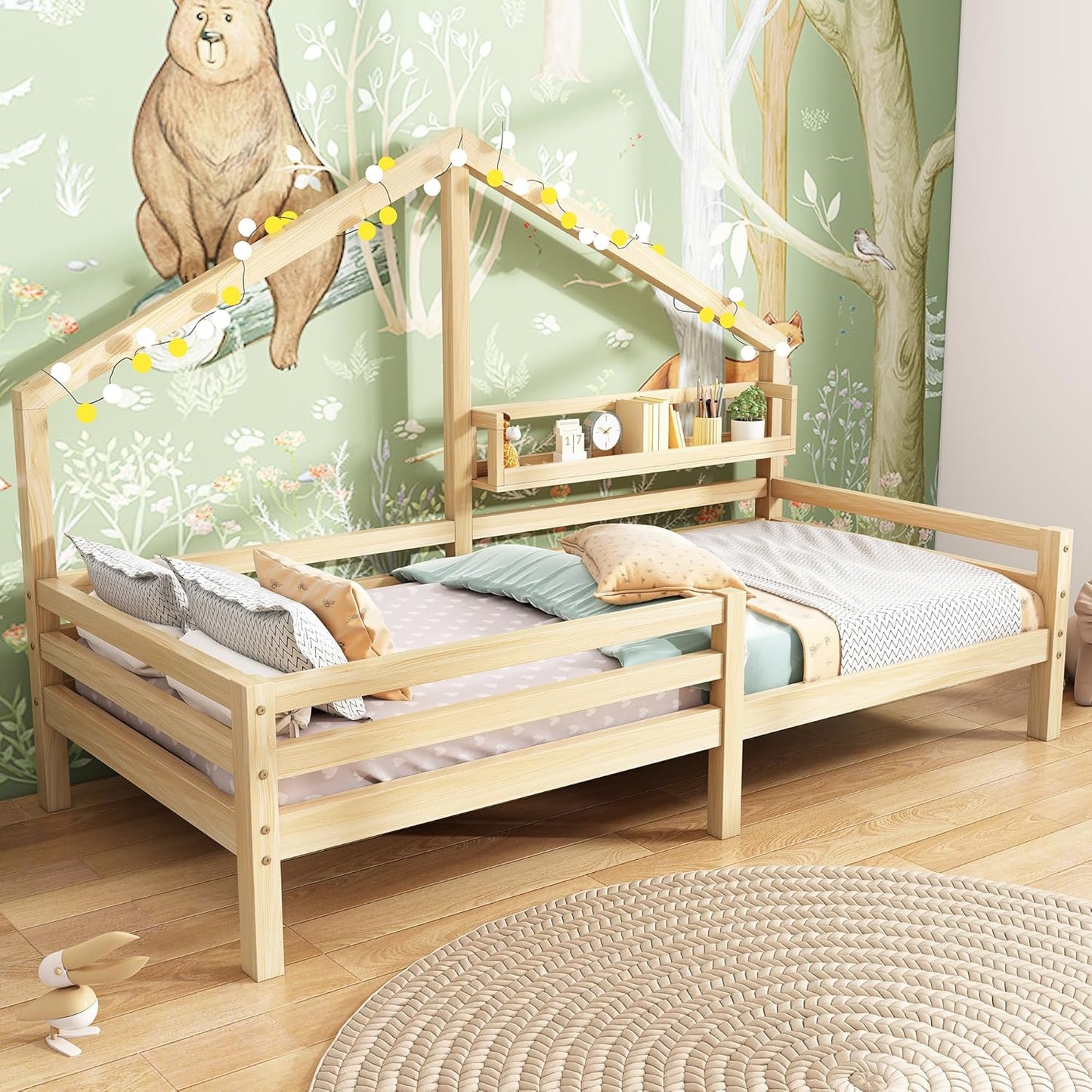 Merax Children's Bed 90 x 200 cm with Fall Protection, Children's House Bed with Drawers and Storage Shelf, Sturdy Wooden Tree House Bed with Slatted Frame, Play Bed for Boys and Girls, White