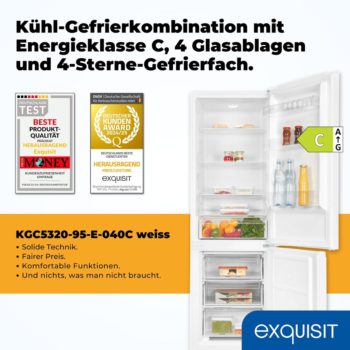 Exquisit Kühl-Gefrierkombination, 186 cm Höhe, Kühlschrank mit Gefrierfach, 4-Sterne-Gefrieren, 315 Liter, Alarm-Funktion, KGC5320-95-E-040C inoxlook-az