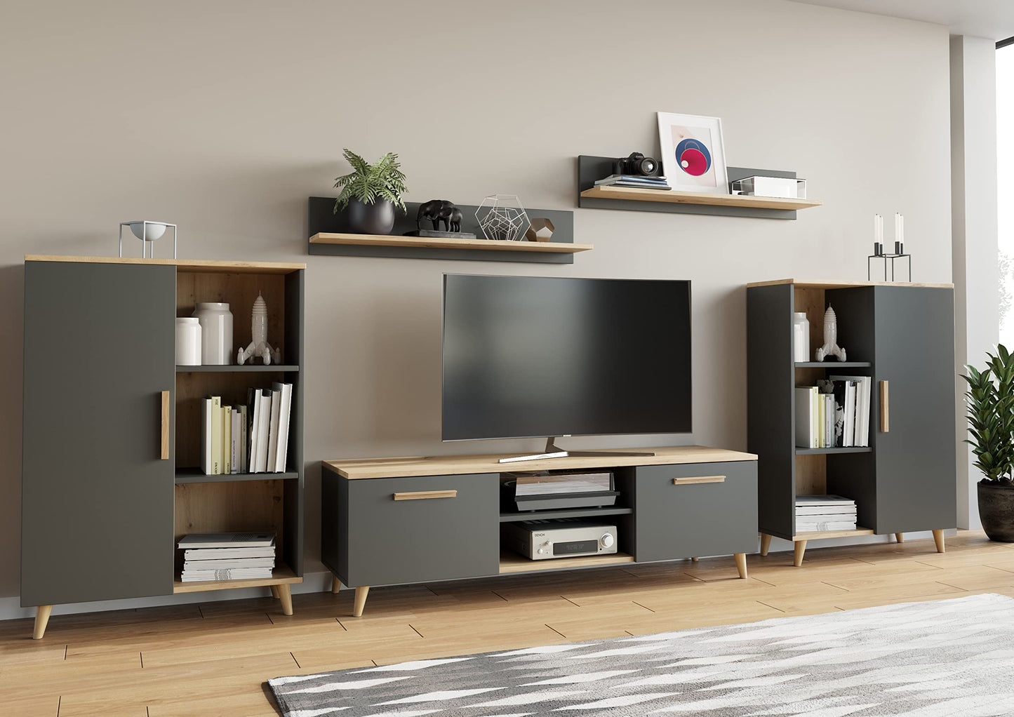MATKAM Oslo 2 Living Room Furniture Set, 4 Pieces, 1 x TV Chest of Drawers H47 x W150 x D40 cm, 2 x Living Room Chest of Drawers H112 x W80 x D30 cm, 2 x Hanging Shelves H20 x W100 x D20 cm (Cashmere)