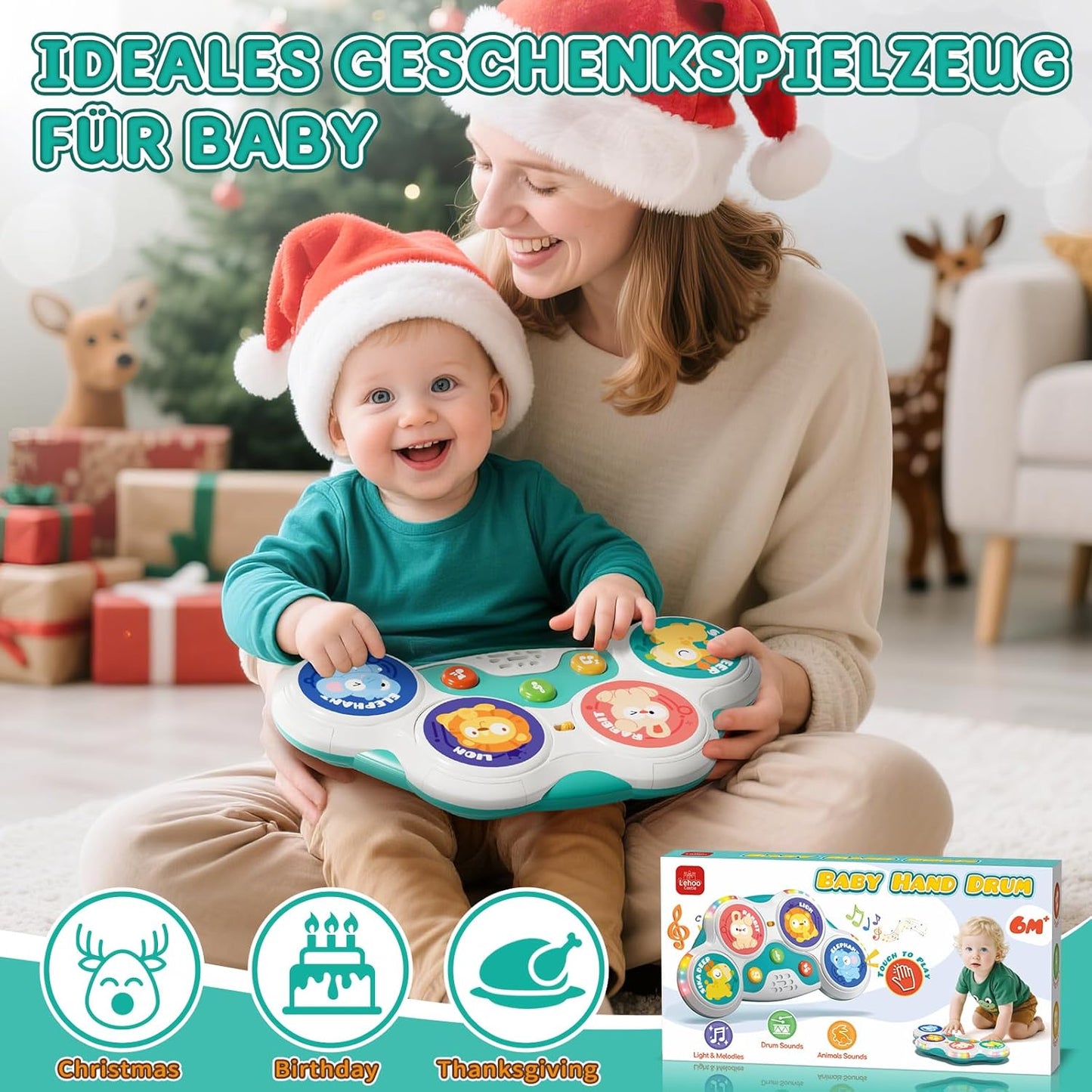Lehoo Castle Baby Trommel Musik Spielzeug ab 6 Monate, Babyspielzeug mit 3 Arten von Klangeffekten + intelligente Spielmodus, 3 6 9 12 Monate+ Baby Geschenk sensorische Ausbildung