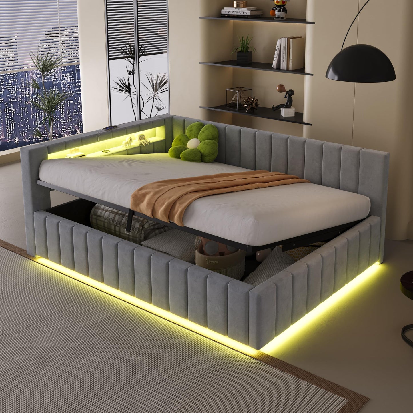KEYIDE Upholstered Sofa Bed, 140 x 200 cm with LED Lighting and USB Charging, Bed Frame with Wooden Slatted Frame, Day Bed, Guest Bed, Youth Bed, Velvet Fabric, Without Mattress (Grey, 140 x 200)