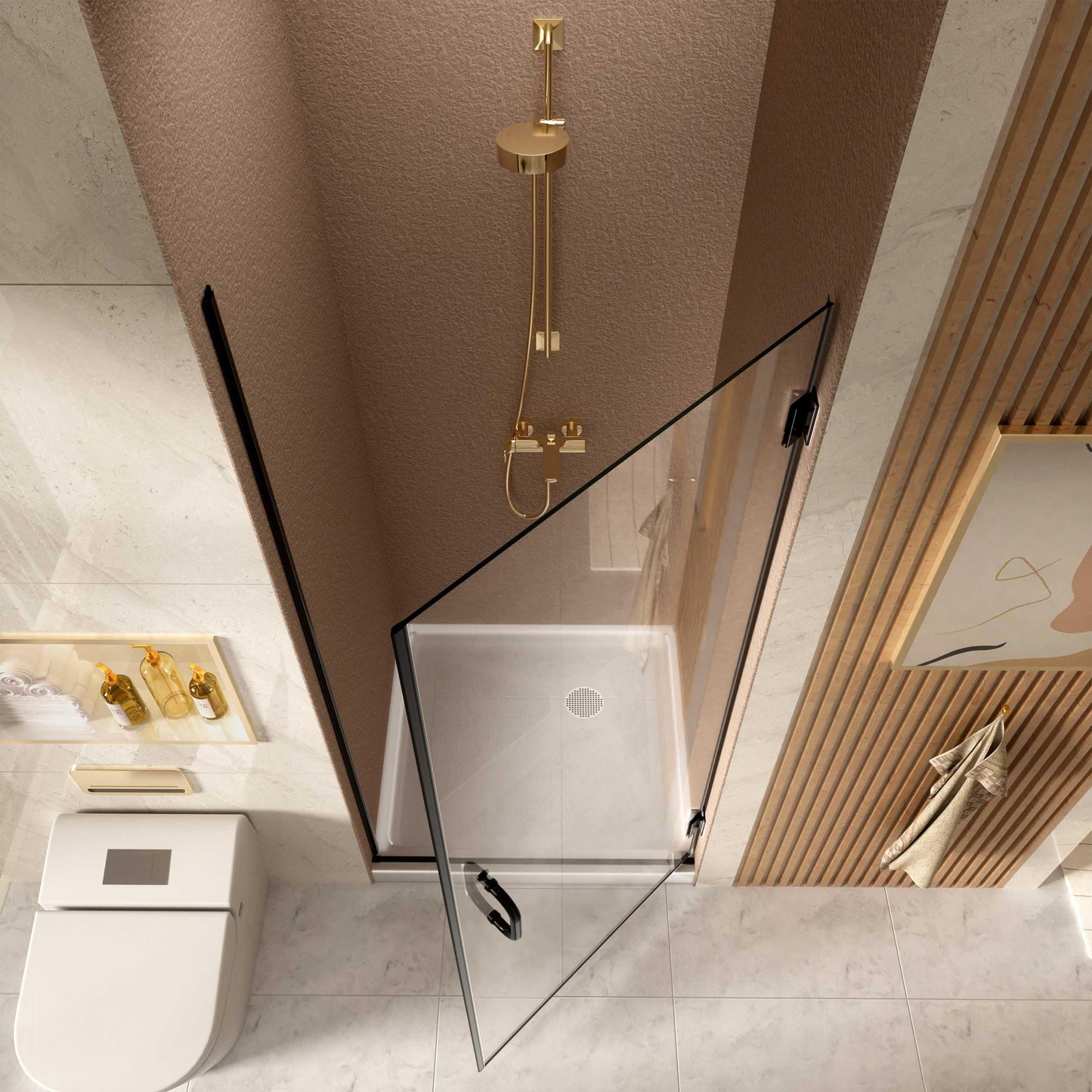 90 cm x 185 cm Shower Door with 6 mm ESG Nano Coating Glass Shower Doors, Shower Door Recess Door with Explosion Protection Film, Black T Triple Maple