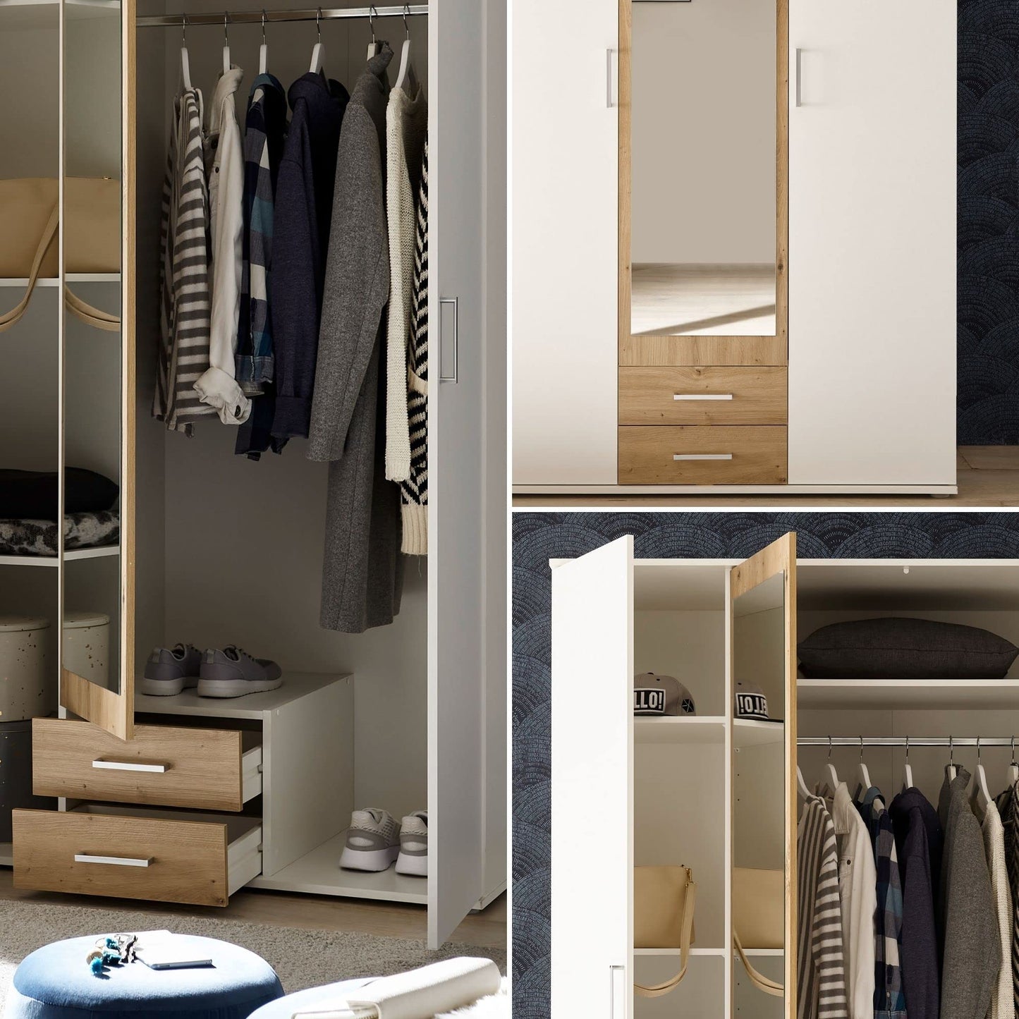 Stella Trading HANAU Wardrobe with Mirror Door in White, Graphite, Versatile Hinged Door Cupboard, 4 Doors for Your Bedroom, 160 x 196 x 54 cm (W x H x D)