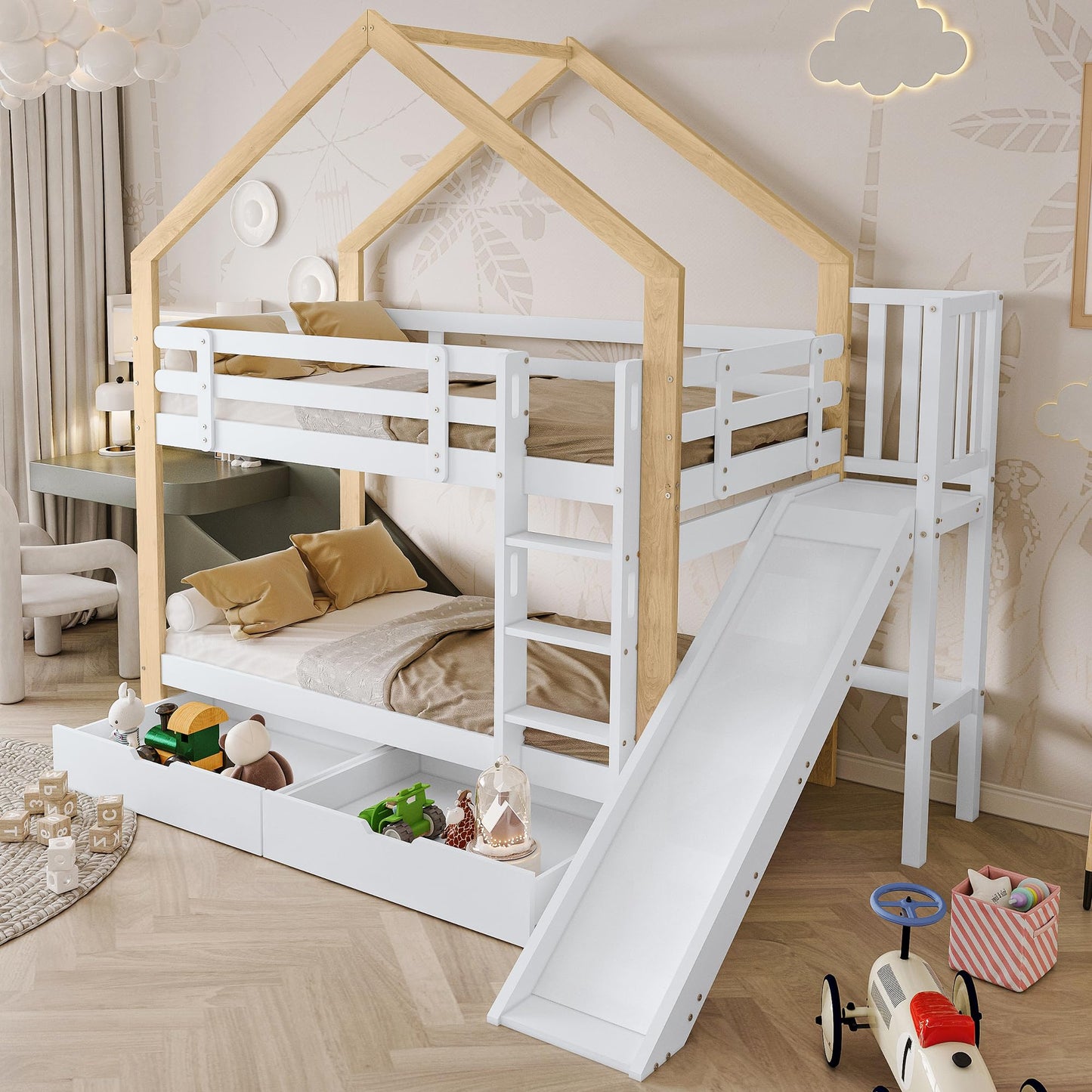 xixiworkshop Kinderbett 90x200cm Ausziehbett Bett mit Stauraum und USB-Steckdose/Mehreren Ablagefächern multifunktionales Jugendbett/Gästebett/Doppelbett mit Stauschrank Lattenrost,Ohne Matratze,Grau