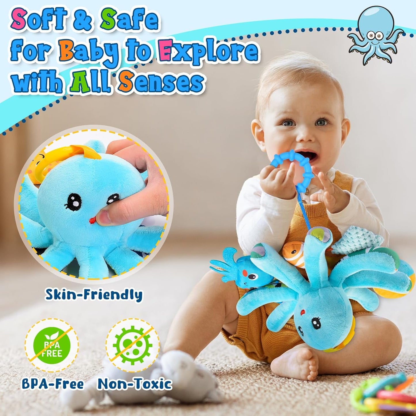 HappyKidsClub Plush Octopus Baby Toy 0-18 Months - with 8 Hanging Sensory Toys & Mirror - Baby Montessori Motor Skills Toy for Pram, Cot (Washable, Organic Cotton)