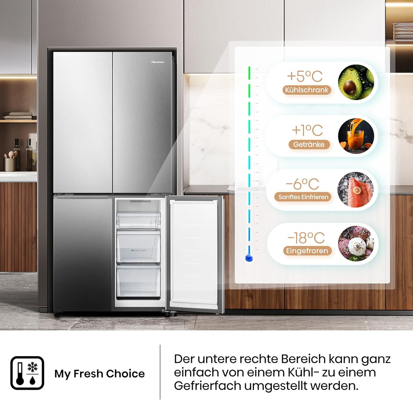 Hisense RQ5P470SAID Cross-Door Fridge-Freezer, 304 Litre Fridge Capacity, 179 Litre Freezer, Total NoFrost, Wifi, Multi AirFlow, FastFreeze, Energy Efficiency Class D, 178.5 cm x 79.4 cm