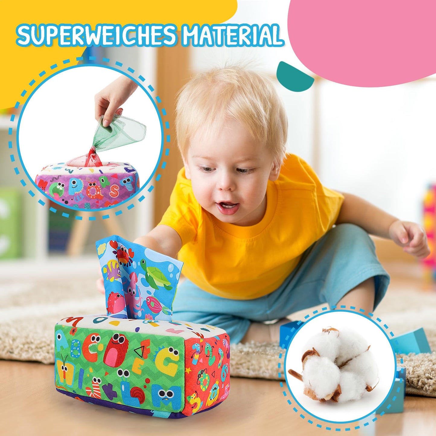 URMYWO Baby Toy 6 Months, Tissue Box Toy - Montessori - Sensory Technology, Contrast Baby Toy 0 6 12 Months, Boys Girls Children Early Learning Toy Baby Gift