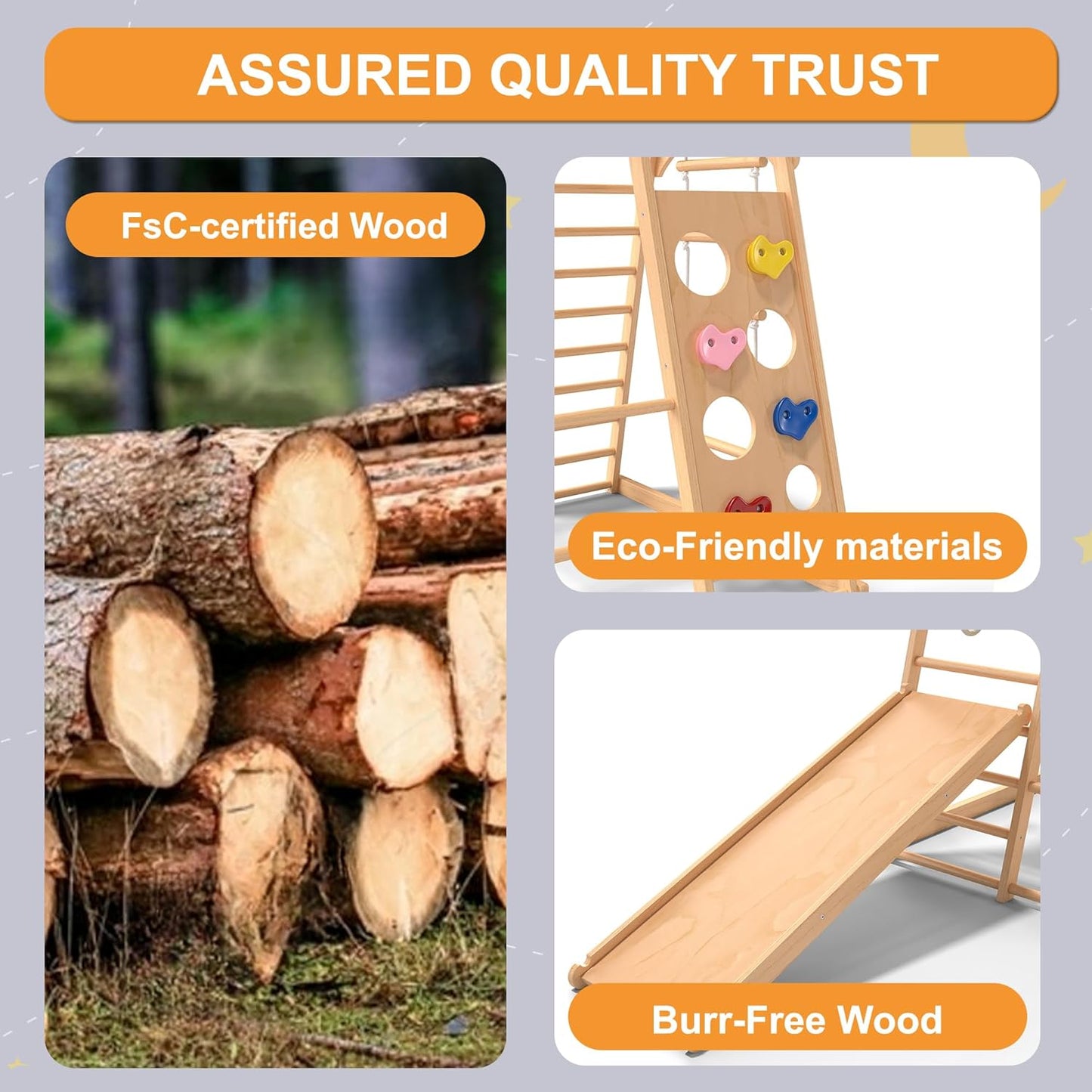 Freelawn Klettergerüst Indoor Montessori 9-in-1 Holz Spielplatz - Kletternetz, Rutsche, Sprossenwand für Kinder 1-6 Jahre (Natur)