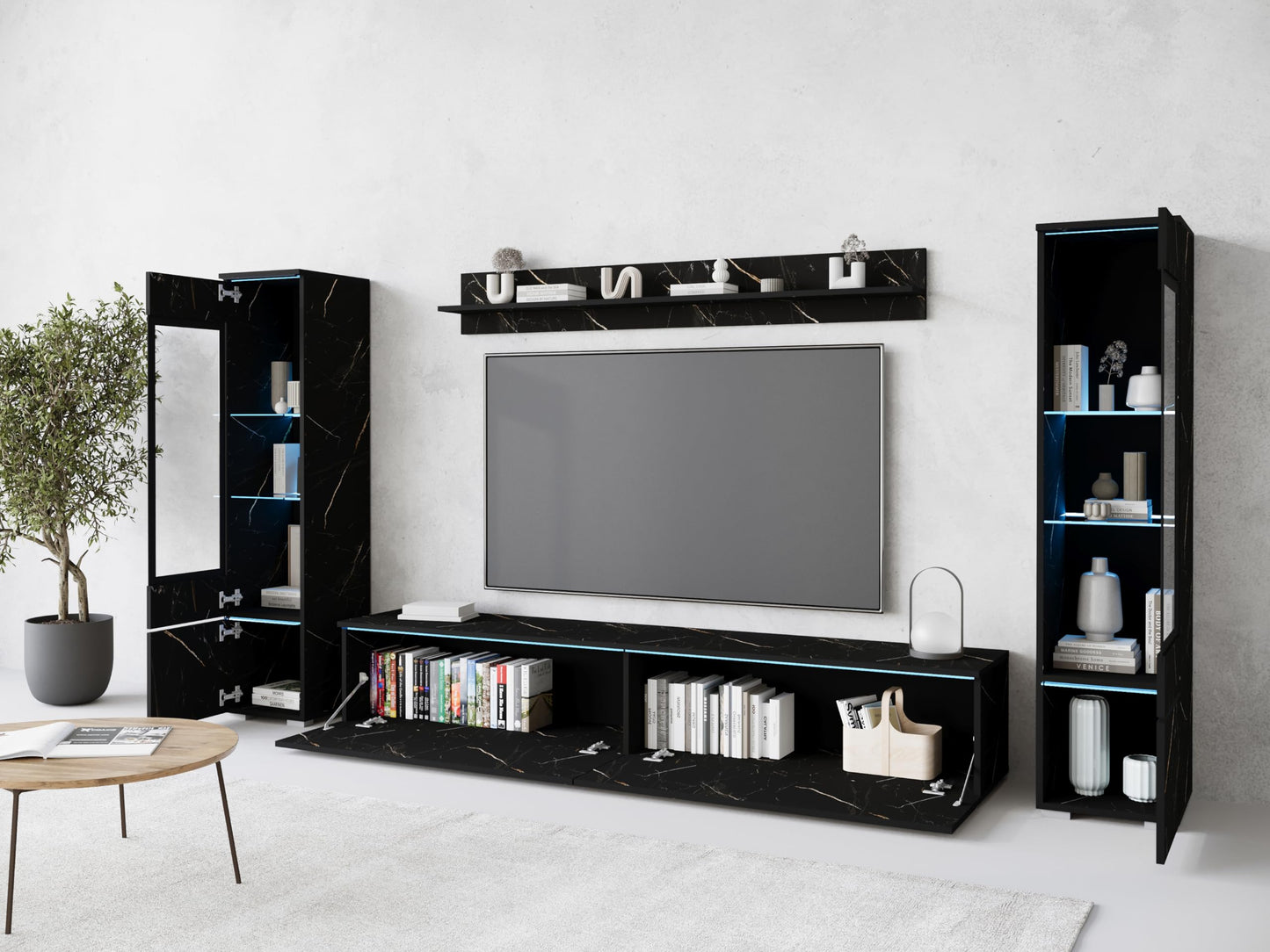 MINIO go for it Veve 2, 4-Piece Wall Unit Set, Hanging or Standing, 2 x Tall Cabinet Display Cabinets, Lowboard, Wall Board, Laminated Clamping Plate, Wotan Oak and Black Gloss, without Lighting