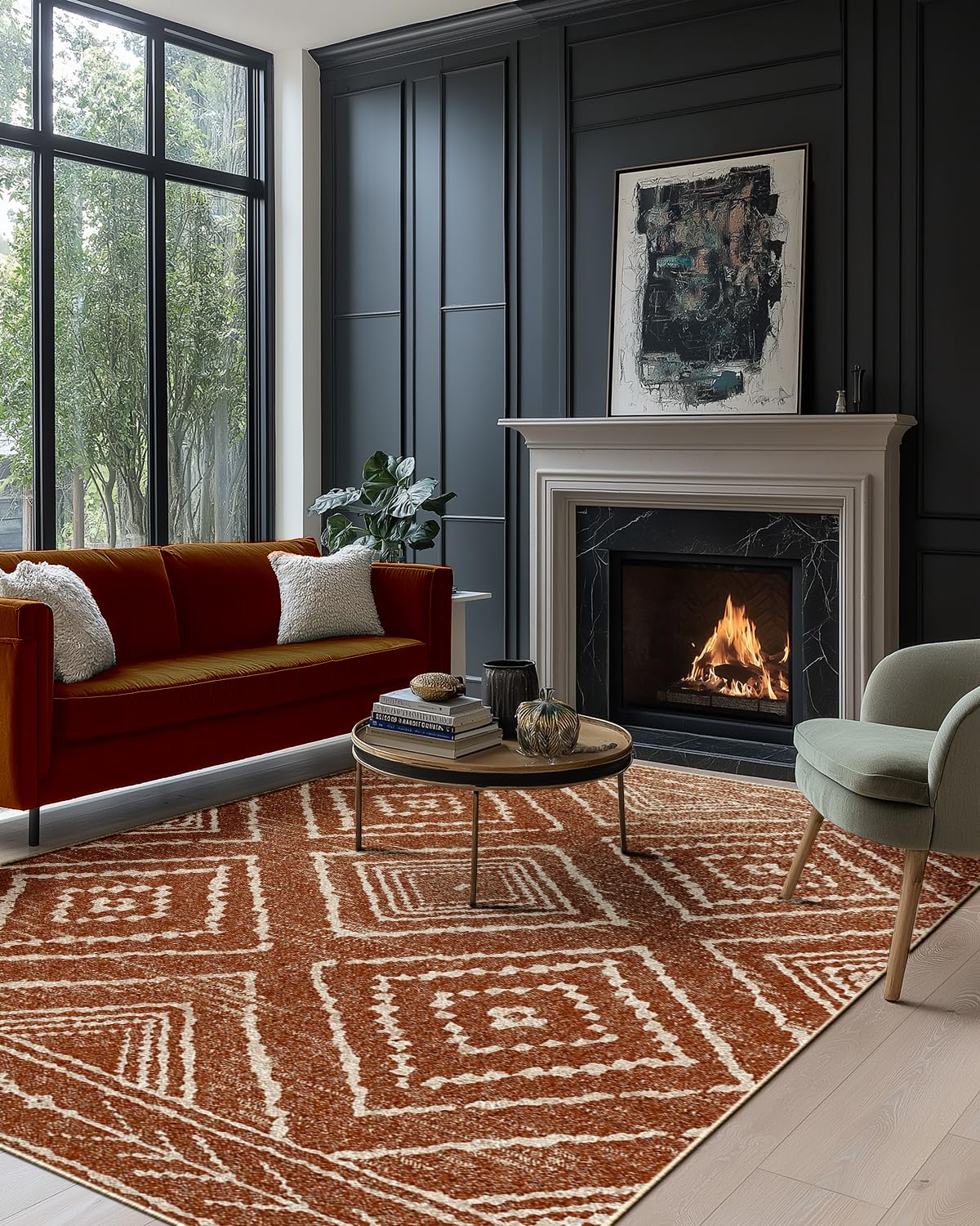 DEFYNEE Teppich Wohnzimmer 120 x 180 cm – Waschbarer Kurzflor Teppich, rutschfest, Vintage & Boho Stil, Pflegeleicht – Für Flur, Wohnzimmer, Schlafzimmer & Esszimmer, Dunkelblau