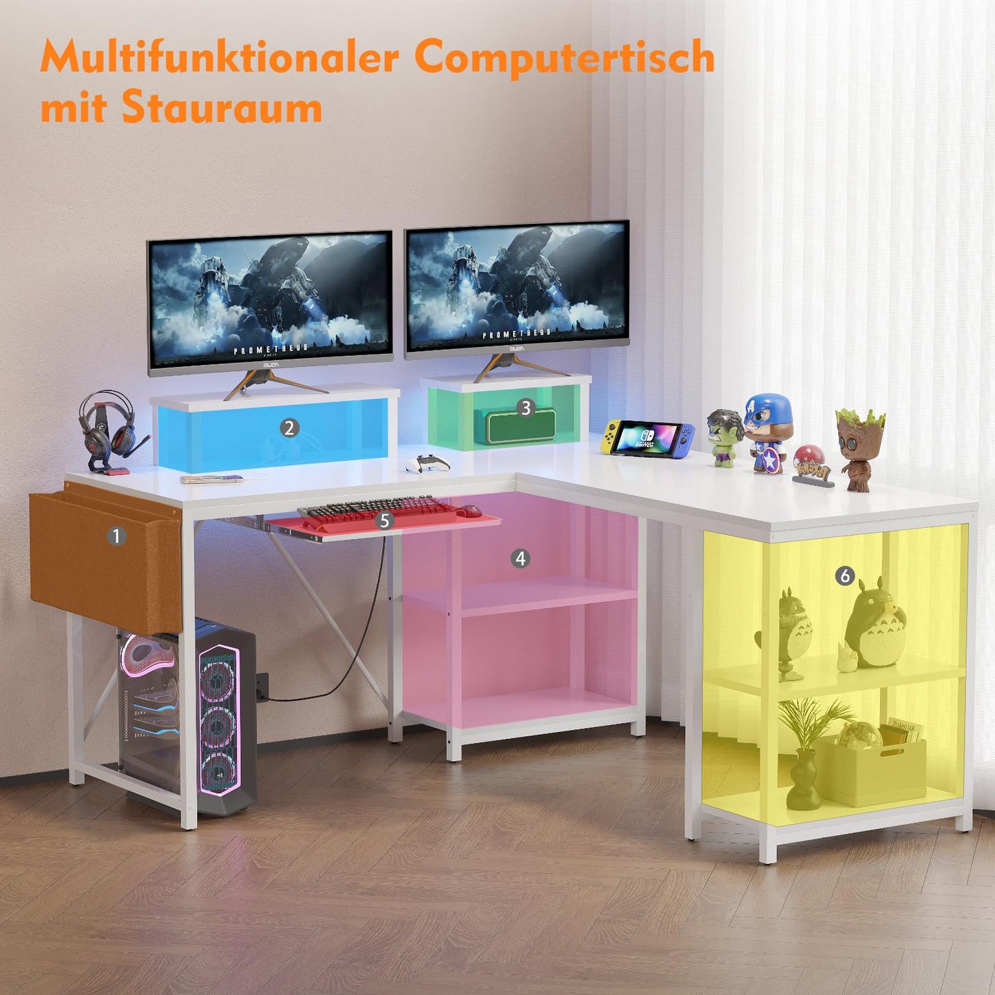 Flamaker Gaming Tisch l Form 140x140 cm - Eckschreibtisch mit RGB LED, Monitorständer & Ablagefach | 2 Steckdosen + 2 USB-Anschlüsse (Weiß)