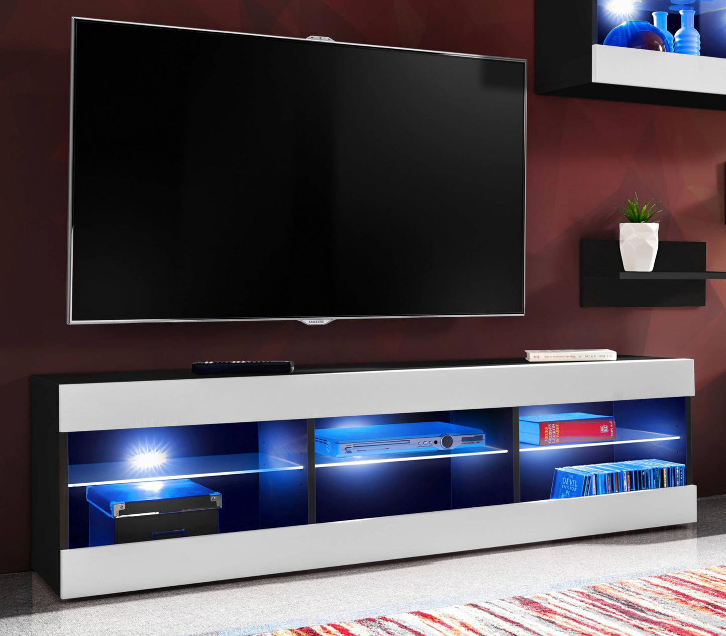 Komodee Tivoli Medio Wall Unit Living Room Set, Black/Black, Width 245 cm x Height 159 cm x Depth 35 cm, LED Blue, for Living Room, Bedroom