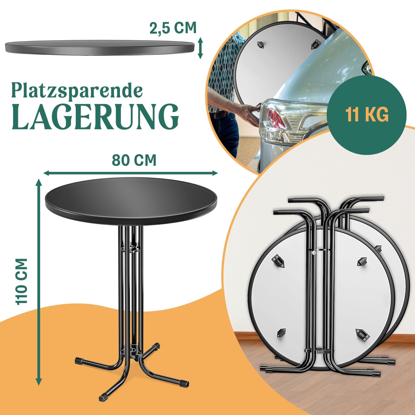 KESSER® Gastro Bar Table Folding Bistro Table Powder-Coated Stainless Steel Top Height-Adjustable Feet Party Table Diameter 80 cm Indoor and Outdoor Reception Table Folding Table Including Cover Black