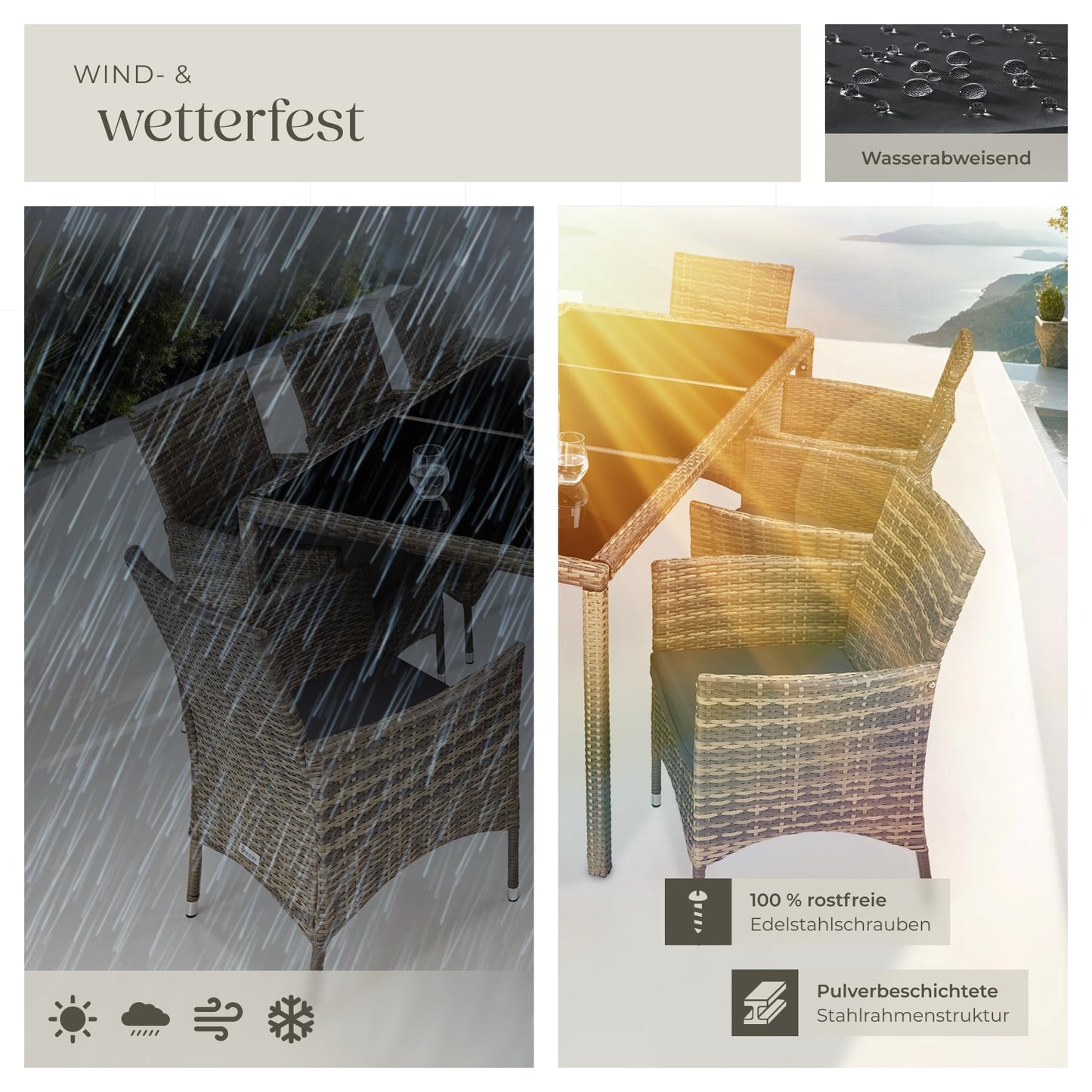tectake® edles Outdoor Gartenmöbel Set Rattan Sitzgruppe mit Sessel und Tisch für 8 Personen, inkl. Schutzhülle und Polstern, Balkon Möbel wetterfest - Natur/dunkelgrau