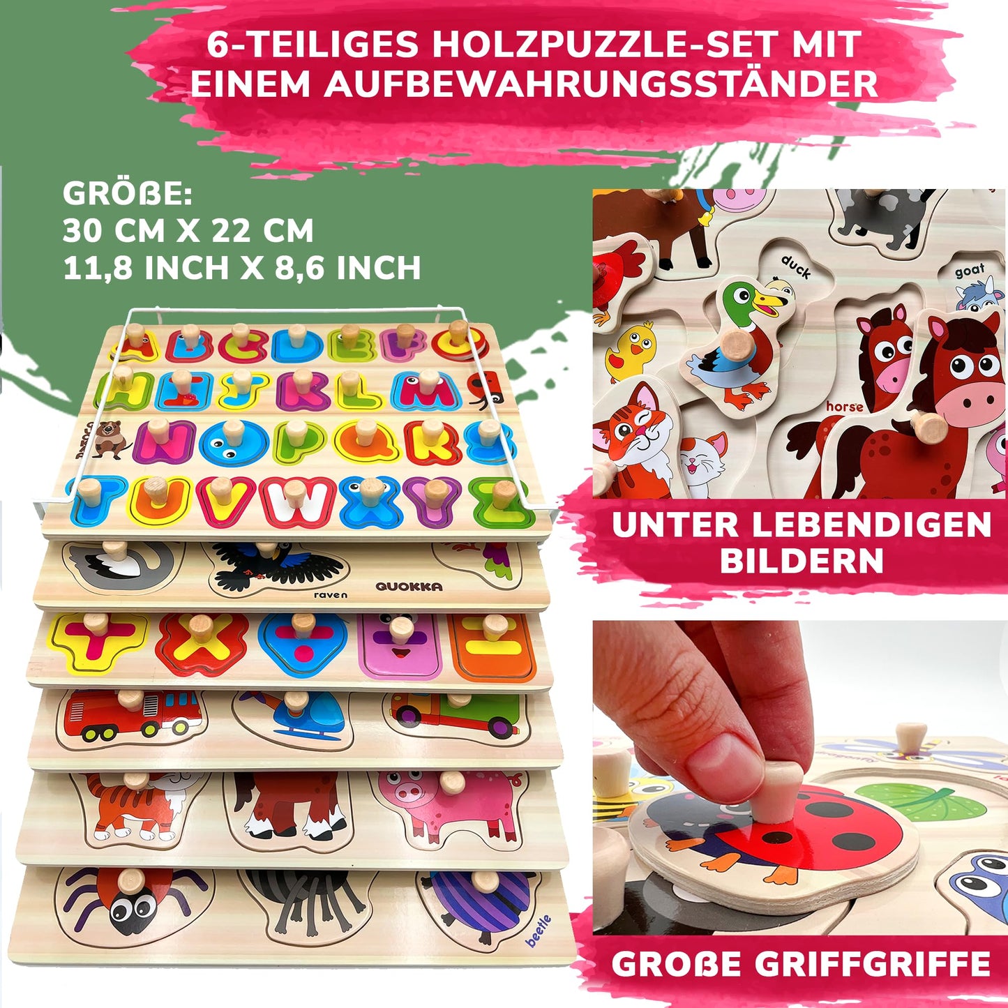 QUOKKA Steckpuzzle Holz ab 1 2 Jahre - 6 Set Spielzeug Puzzle ab 2 3 Jahre - ABC Lernspiele für Kinder - Geschenk für Baby Mädchen and Junge