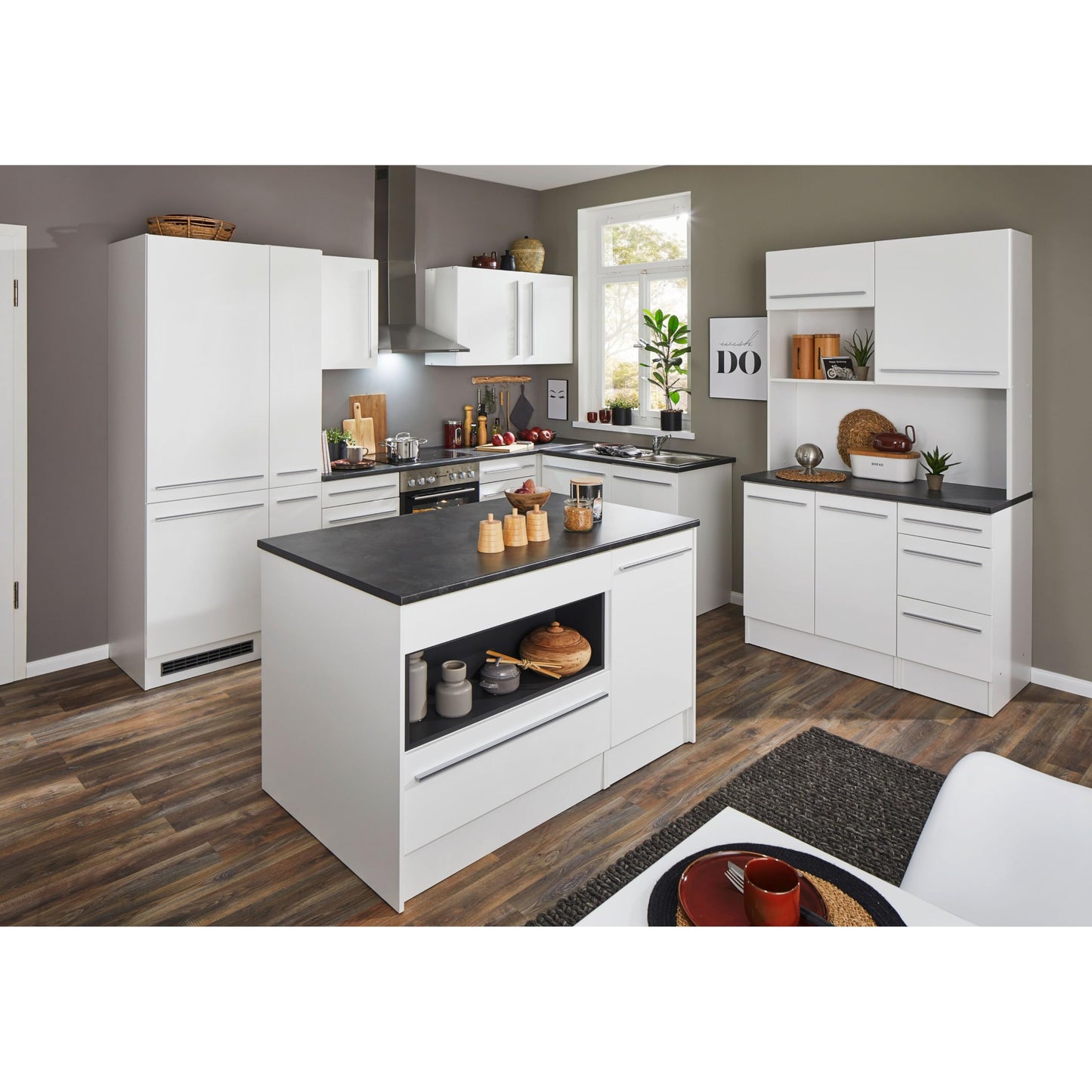 Jazz 8 Modern Corner Kitchen without Electrical Appliances in White High Gloss, Metallic Grey - Spacious Kitchen Unit in L-Shaped with Lots of Storage Space - 220 x 211 x 60 cm (W x H x D)