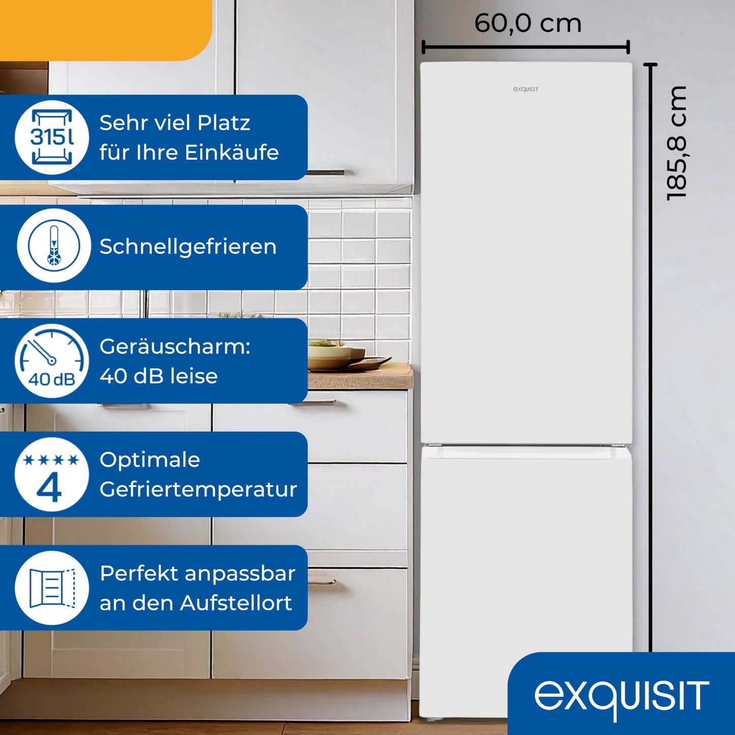 Exquisit Kühl-Gefrierkombination, 186 cm Höhe, Kühlschrank mit Gefrierfach, 4-Sterne-Gefrieren, 315 Liter, Alarm-Funktion, KGC5320-95-E-040C inoxlook-az