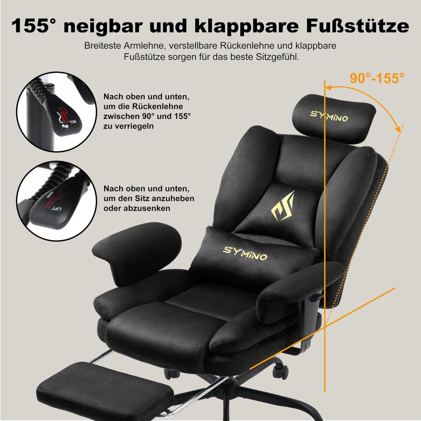 Symino Gaming Stuhl Chefsessel Bürostuhl Ergonomisch, Wildlederimitat Schreibtischstuhl mit Fußstütze Höhenverstellbarer Office Chair Computerstuhl 130kg, Schwarz