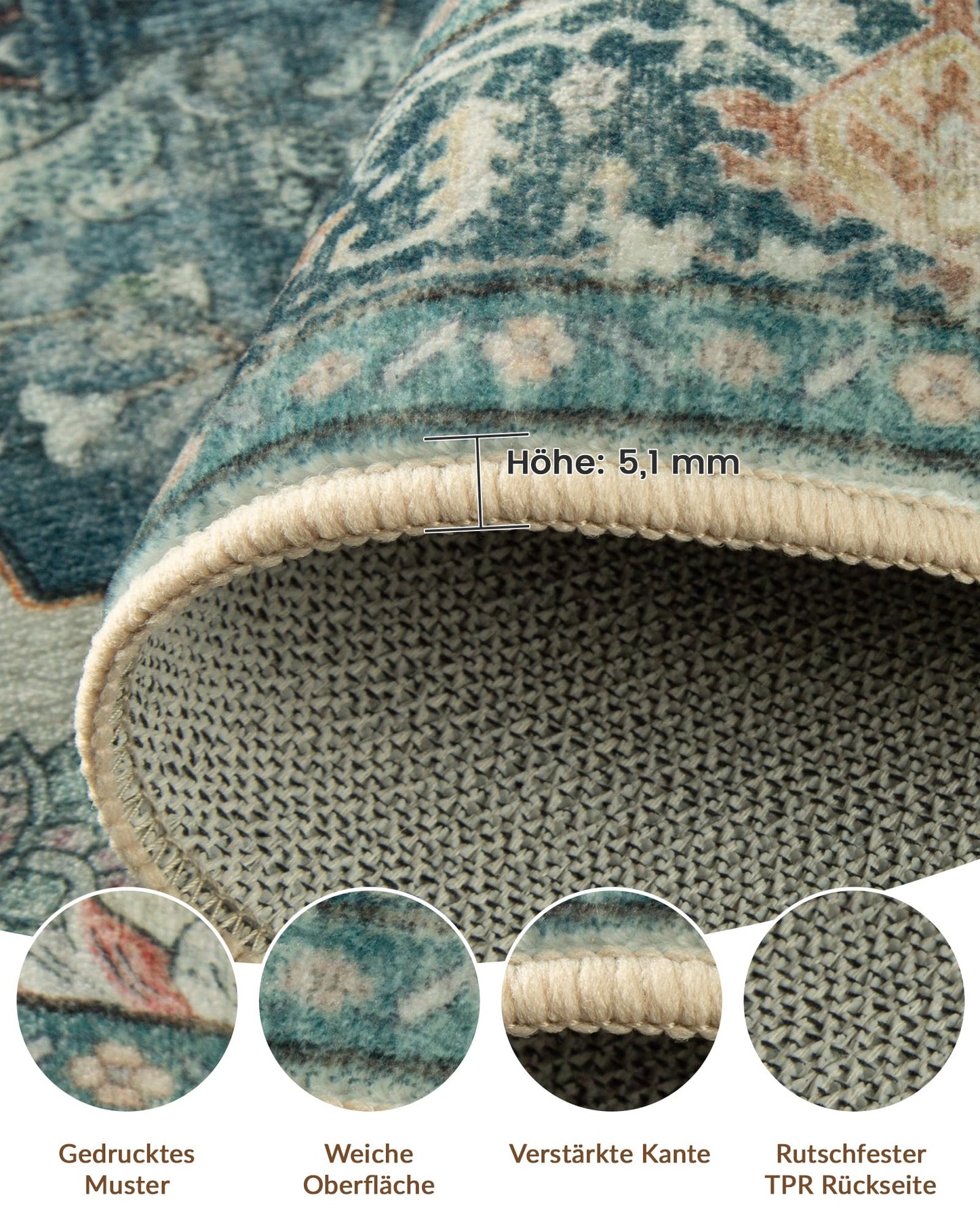 INOVADAY Vintage Waschbarer Teppich Wohnzimmer 90x150 cm Boho Kurzflor rutschfest Teppich Weich Teppiche mit Druckmuster für Schlafzimmer, Esszimmer, Büro Beige/Blau/Orange