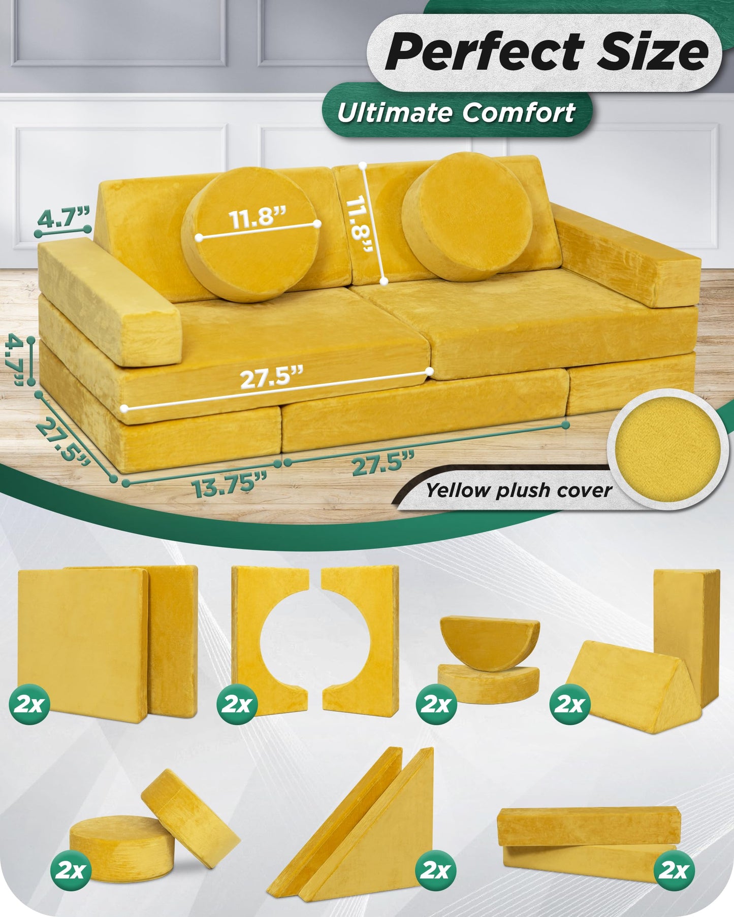 Lunix LX15 14pcs Modular Kids Play Couch, Child Sectional Sofa, Fortplay Bedroom and Playroom Furniture for Toddlers, Convertible Foam and Floor Cushion for Boys and Girls, Gray