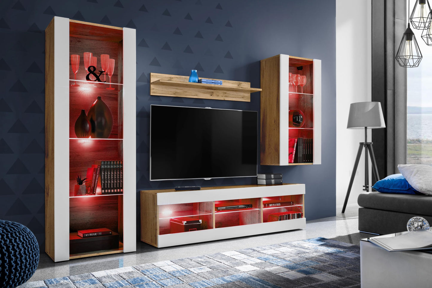 Komodee Tivoli Medio Wall Unit Living Room Set, Black/Black, Width 245 cm x Height 159 cm x Depth 35 cm, LED Blue, for Living Room, Bedroom