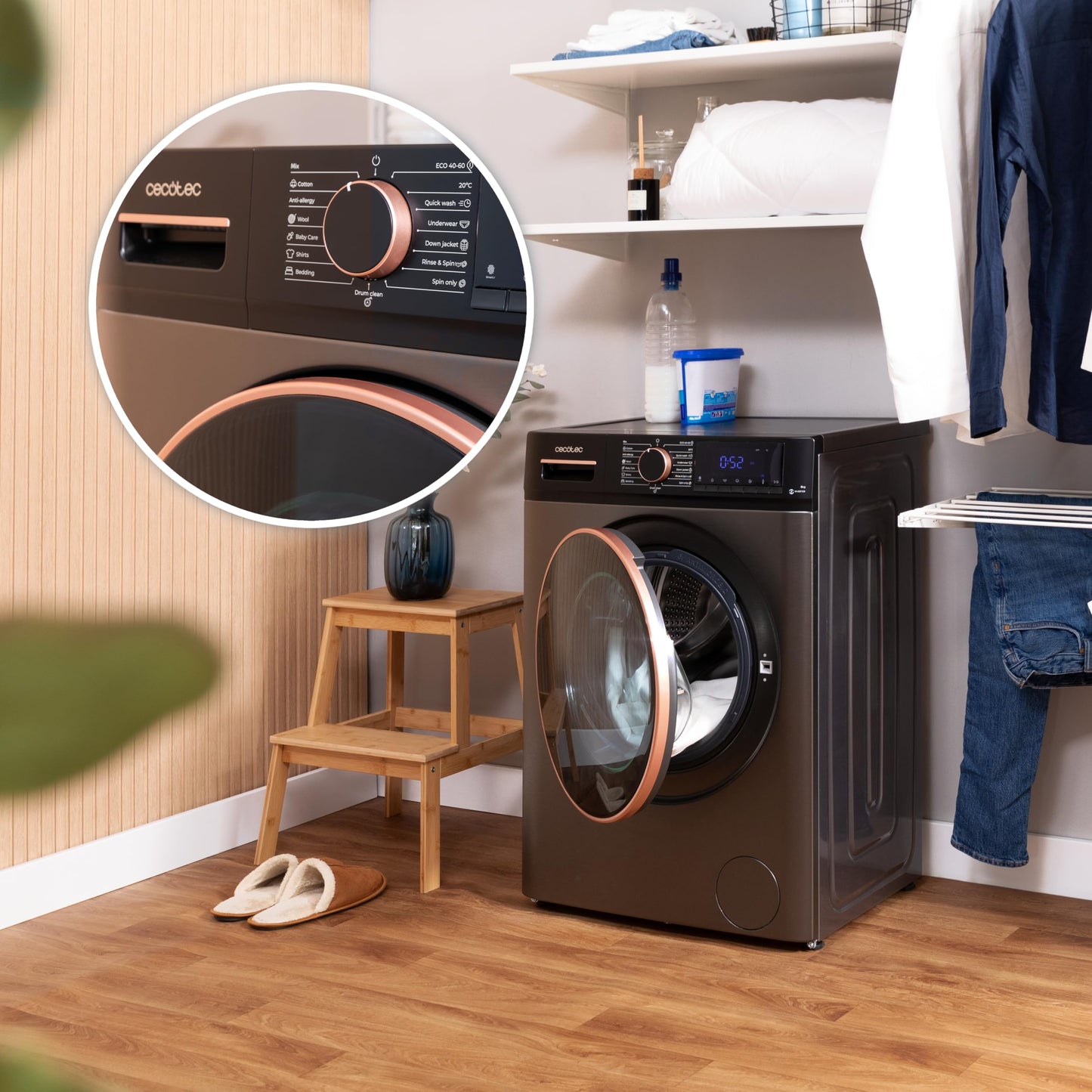 Cecotec Waschmaschine 8Kg Frontlader Bolero DressCode 8610 Inverter Steel A. 1400 U/min, Steam Max, Inverter Plus Motor, 15 Progr, OnSmart, Smooth Wash, Stop&Go, Antibakterielle Dichtung, Drum Clean