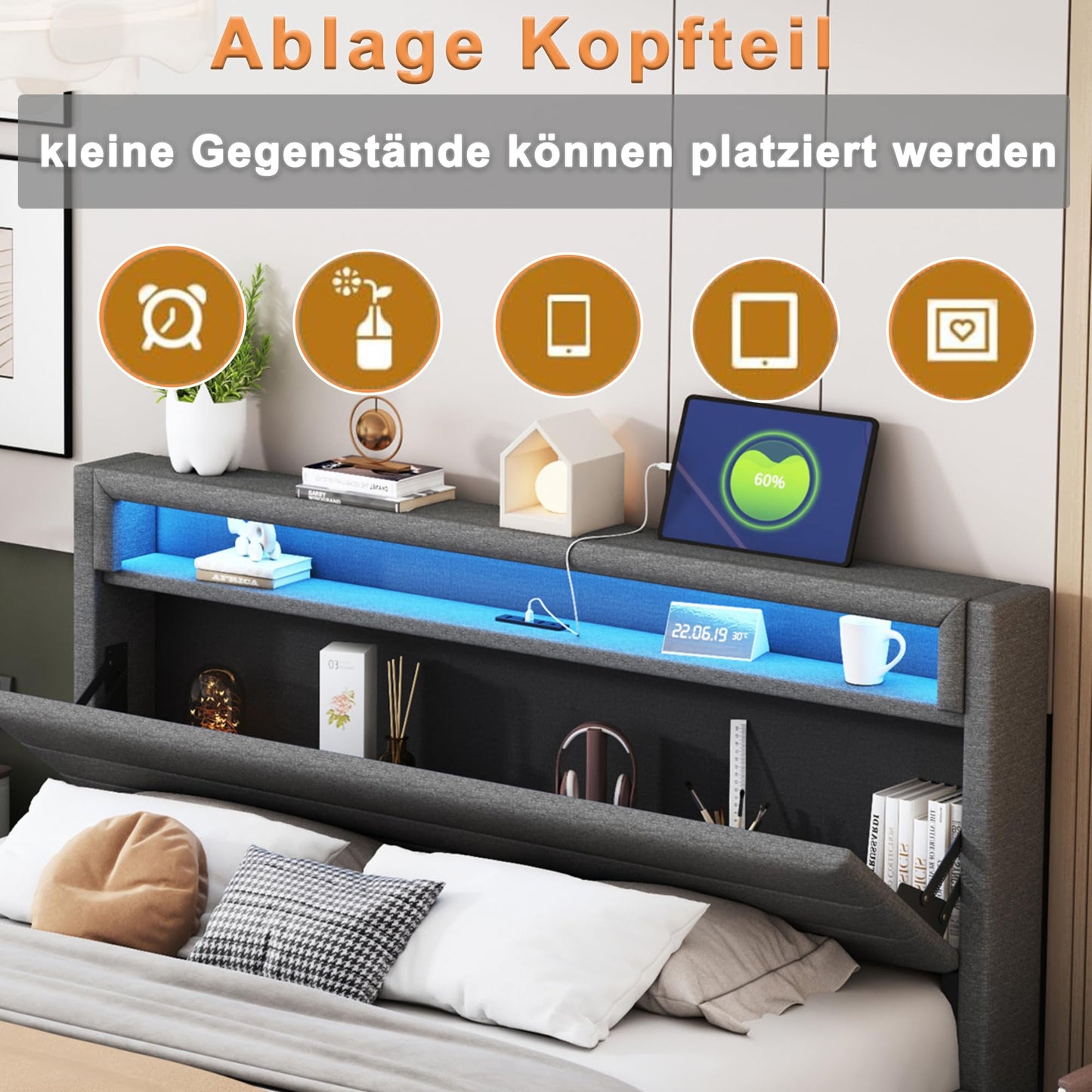 LAKFEW Upholstered Bed 140 x 200 cm, Double Bed Functional Bed with USB Socket and LED Lighting, Hanging Bed Headboard with Concealed Storage Space, Bed Frame Bed with Slatted Frame, Linen, Without