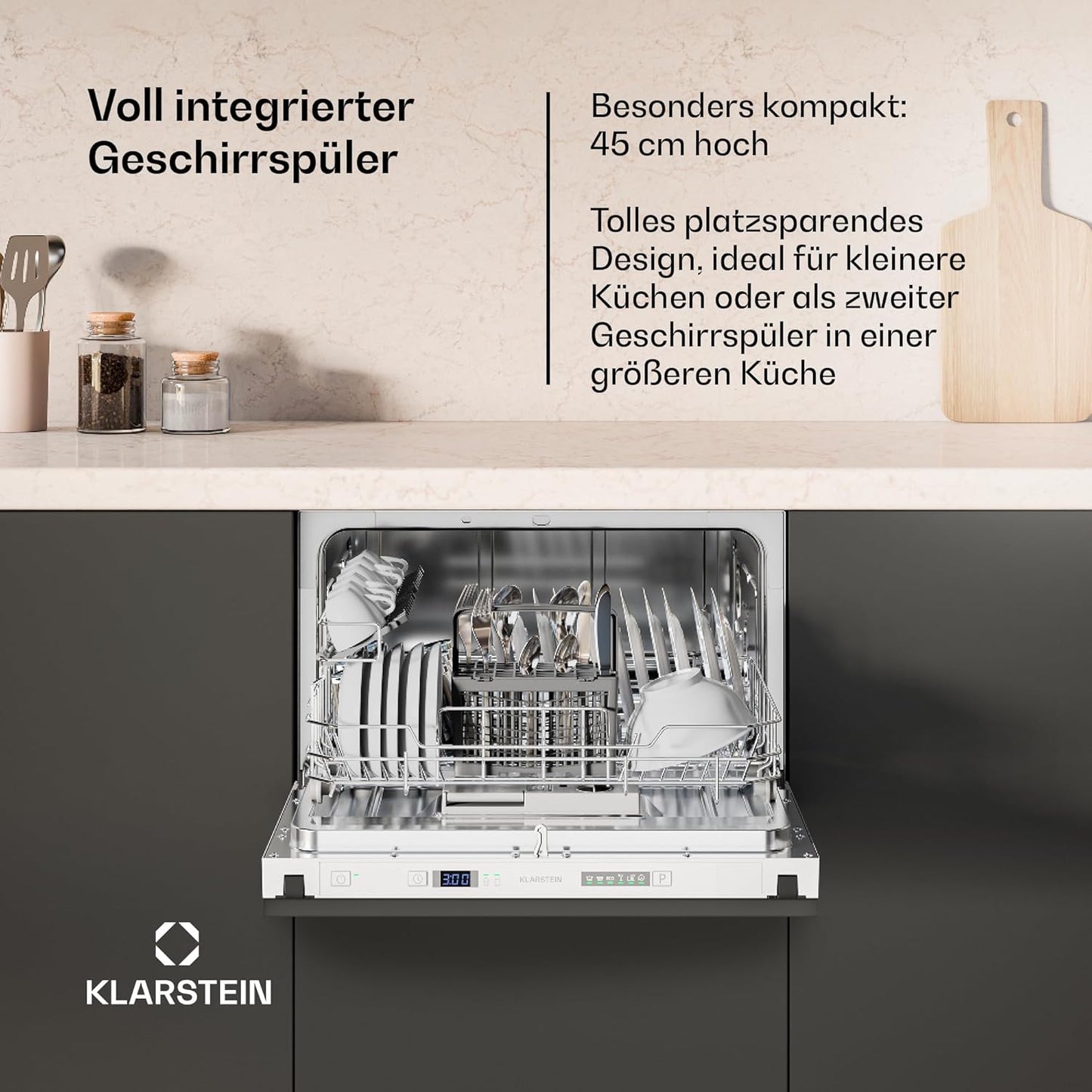 Klarstein Built-in Dishwasher - Compact 45 cm Model, 6 Place Settings, UV Hygiene, AquaStop, Energy Efficiency Class D, Quiet 49 dB, Intuitive Operation