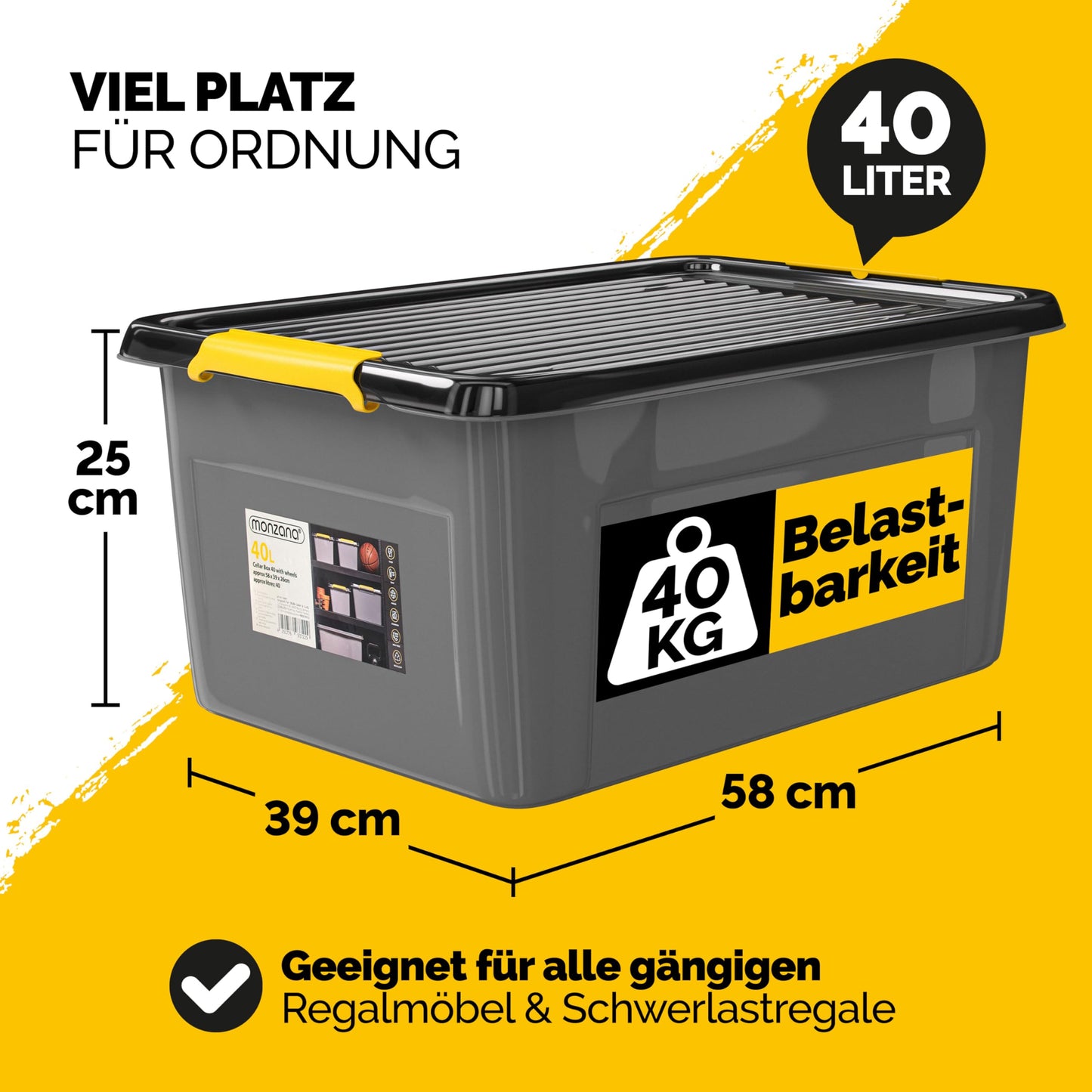 Monzana 4 x Storage Boxes 40 L with Lid 40 kg Load Capacity Plastic BPA Free Click Closure Stable Flexible Stackable Opaque Cellar Garage Box