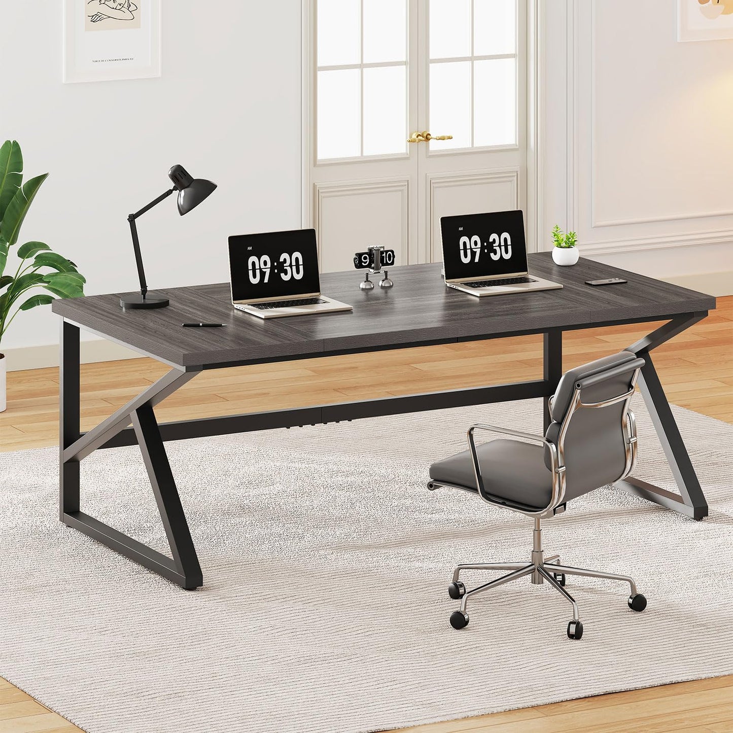 IBF Desk in Brown Colour with a Length of 70 Inches, Industrial Large Double Metal and Wood Desk for Computer, Long Office Table for Home