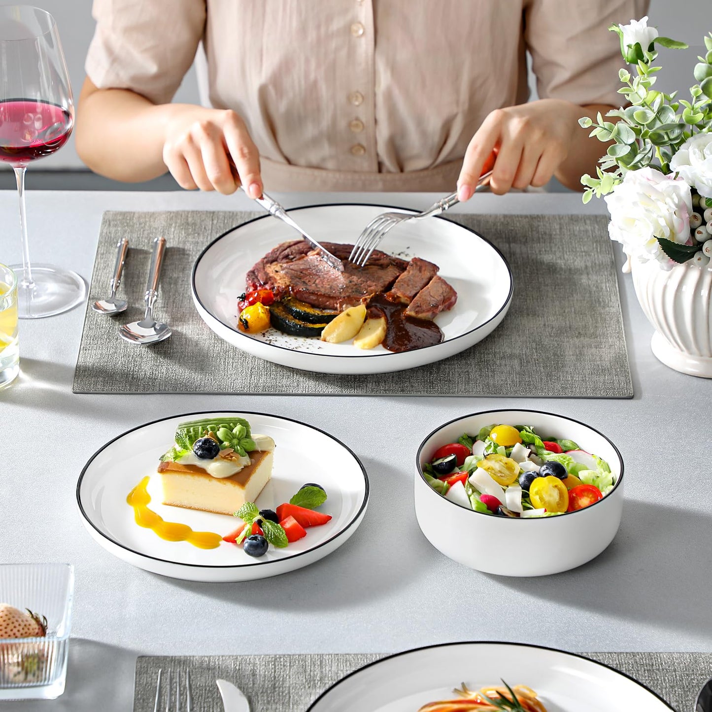 MALACASA Geschirrset 6 Personen, LUNA 24-tlg Tafelservice aus Weißem Porzellan, Modernes Geschirr Set mit je 6 Speiseteller, Dessertteller, Suppenteller und Müslischalen