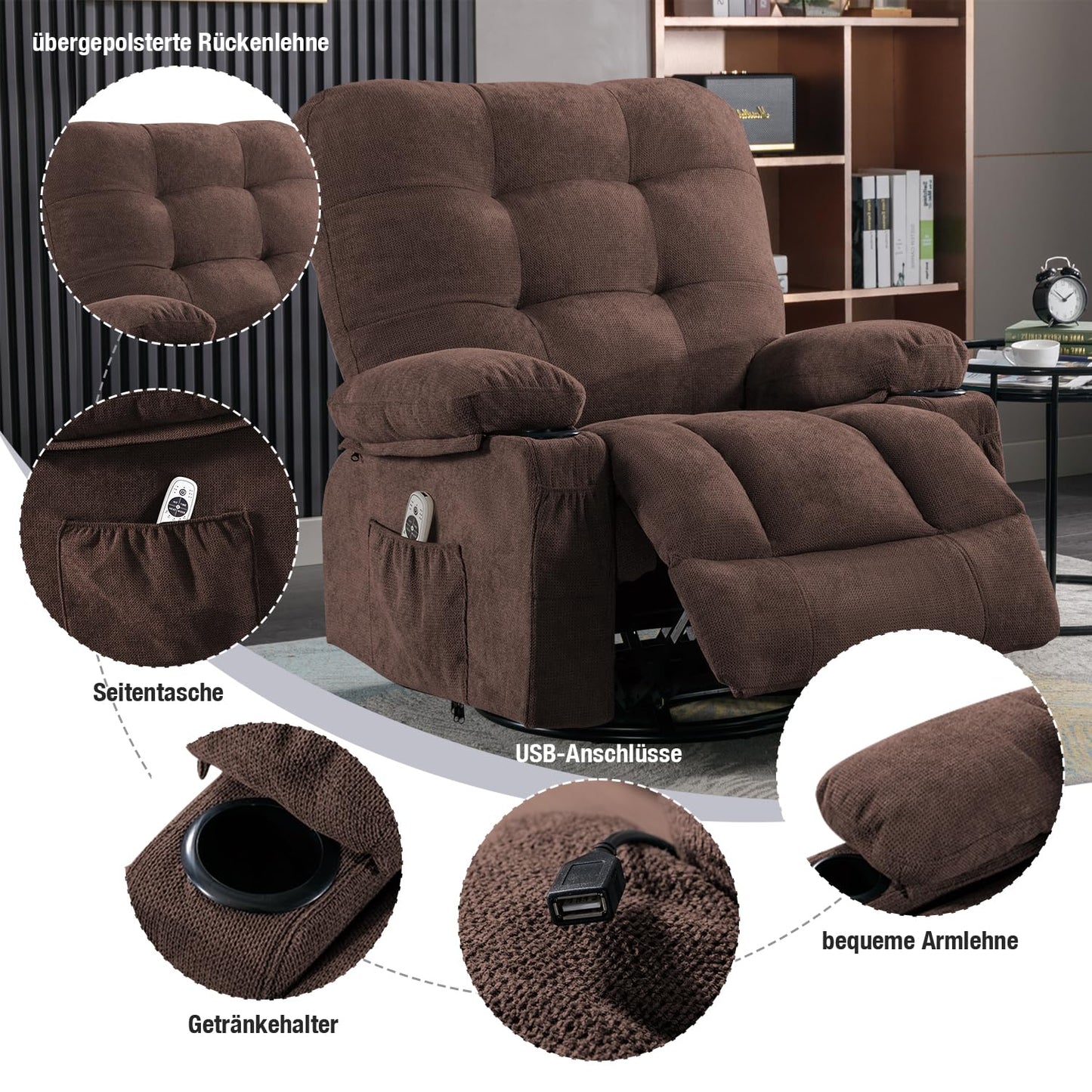 Bosmiller Relaxsessel mit Liegefunktion Massagesessel Oversize Fernsehsessel 360°Drehbarer Liegesessel Heizung Verstellbar Sessel Stoff