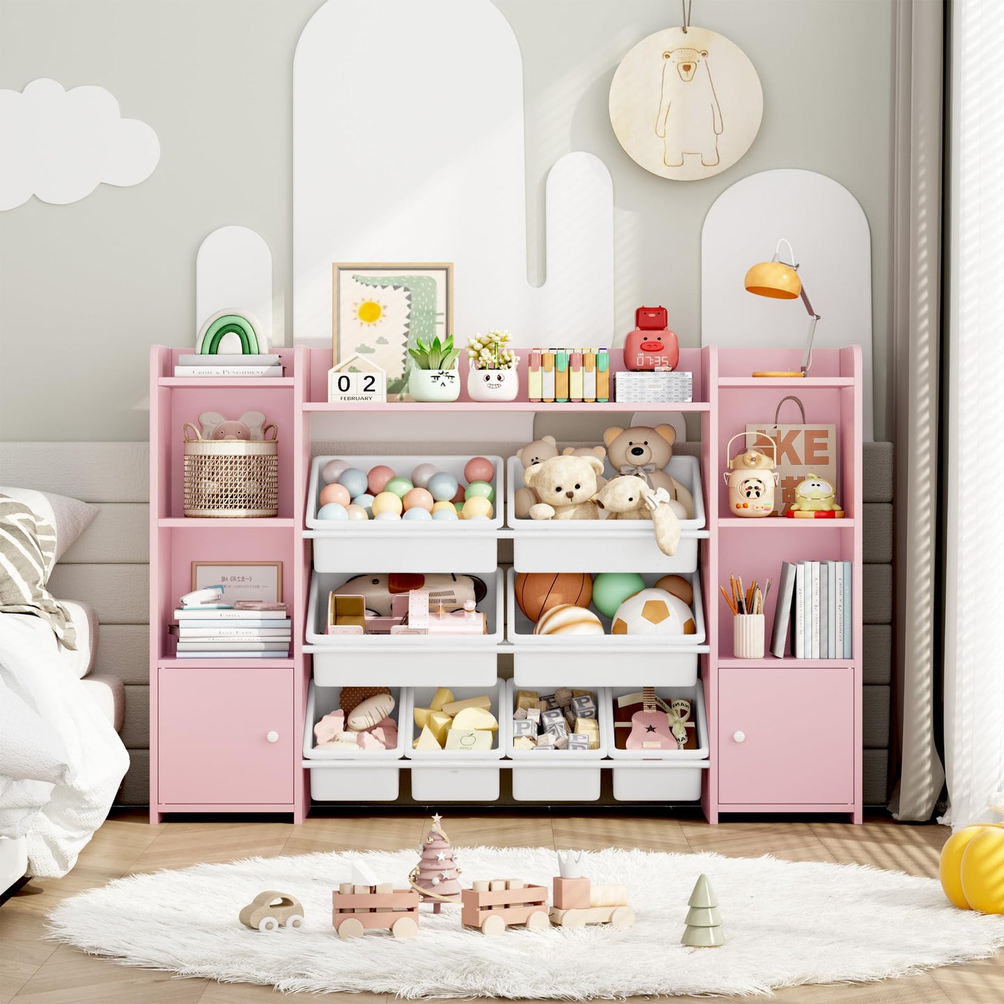 FOREHILL Kinderregal mit 8 Boxen Kinderschrank Holz Bücherregal für Kinder Aufbewahrungsbox Kinderzimmer Möbel mit Spielzeugkiste 138,8 x 94,3 x29,6 cm (rosa)